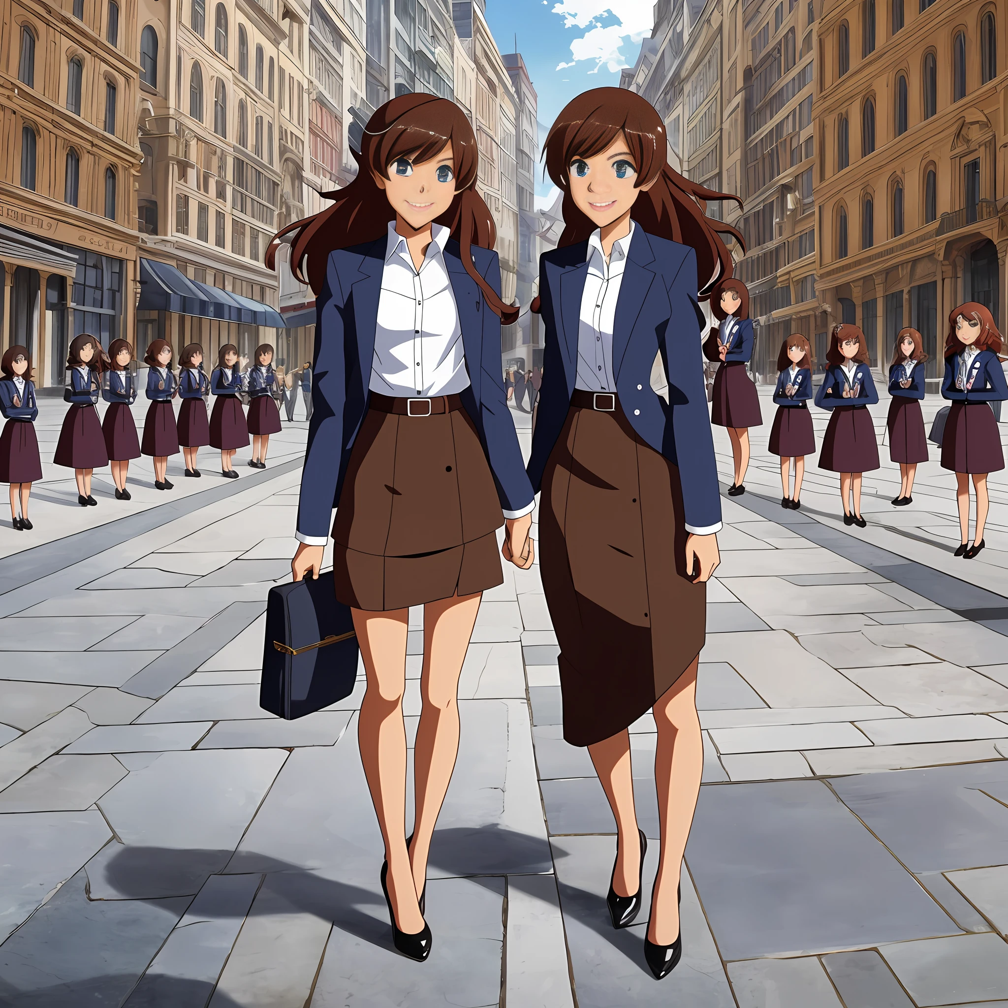 perfect anime illustration, multiple girls, thousands of girls, millions of girls, clones, identical sisters, brown hair, curly hair, long hair, matching hairstyle, hazel eyes, smiling, business attire, blue skirt suit, pencil skirt, medium skirt, black high heels, matching outfits, businesswomen, highres, office, full body, bare legs, neat rows of sisters, neat columns of sisters, sisters standing in formation, sisters in background