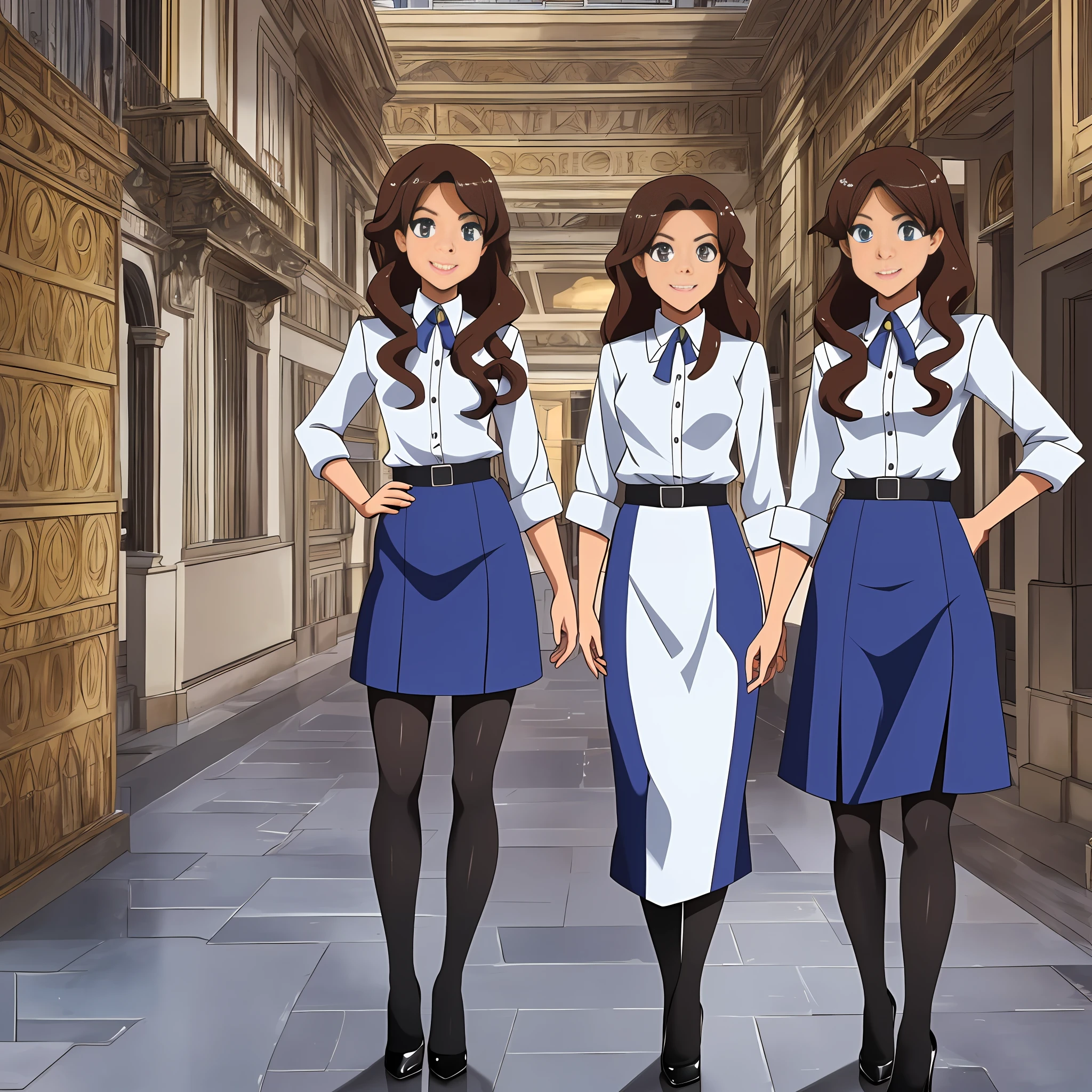 perfect anime illustration, multiple girls, thousands of girls, millions of girls, clones, identical sisters, brown hair, curly hair, long hair, matching hairstyle, hazel eyes, smiling, business attire, blue skirt suit, pencil skirt, medium skirt, black high heels, matching outfits, businesswomen, highres, office, full body, bare legs, neat rows of sisters, neat columns of sisters, sisters standing in formation, sisters in background