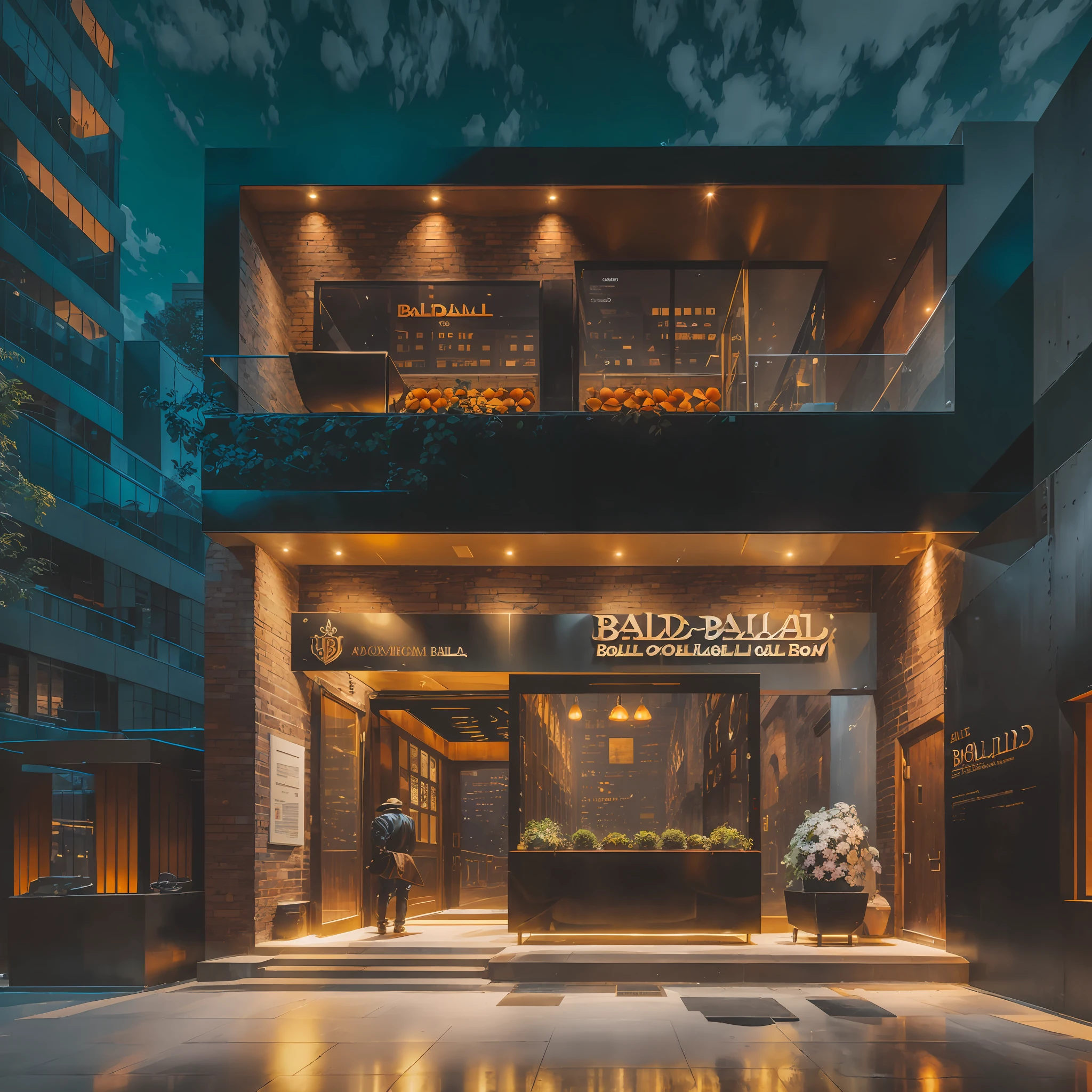 The façade of the ballad is lined with exposed bricks, creating an industrial and modern atmosphere. Large glass windows allow natural light into the space, reflecting the beauty of the golden hour.

Just above the main entrance, a large plaque of oxidized metal, with the name of the ballad in white letters, catches the attention of passers-by.

Some ornamental plants were strategically distributed along the façade, bringing a little life and color to the urban environment.

The lighting is thought of in every detail, with discreet luminaires and colored LED lights that create a cozy and relaxed atmosphere. A large circular LED screen is installed in the center of the façade, displaying images and animations that attract the attention of patrons.

Overall, the façade of the ballad is a balanced mix of industrial and natural elements, creating a unique and captivating space for nightlife lovers --auto --s2