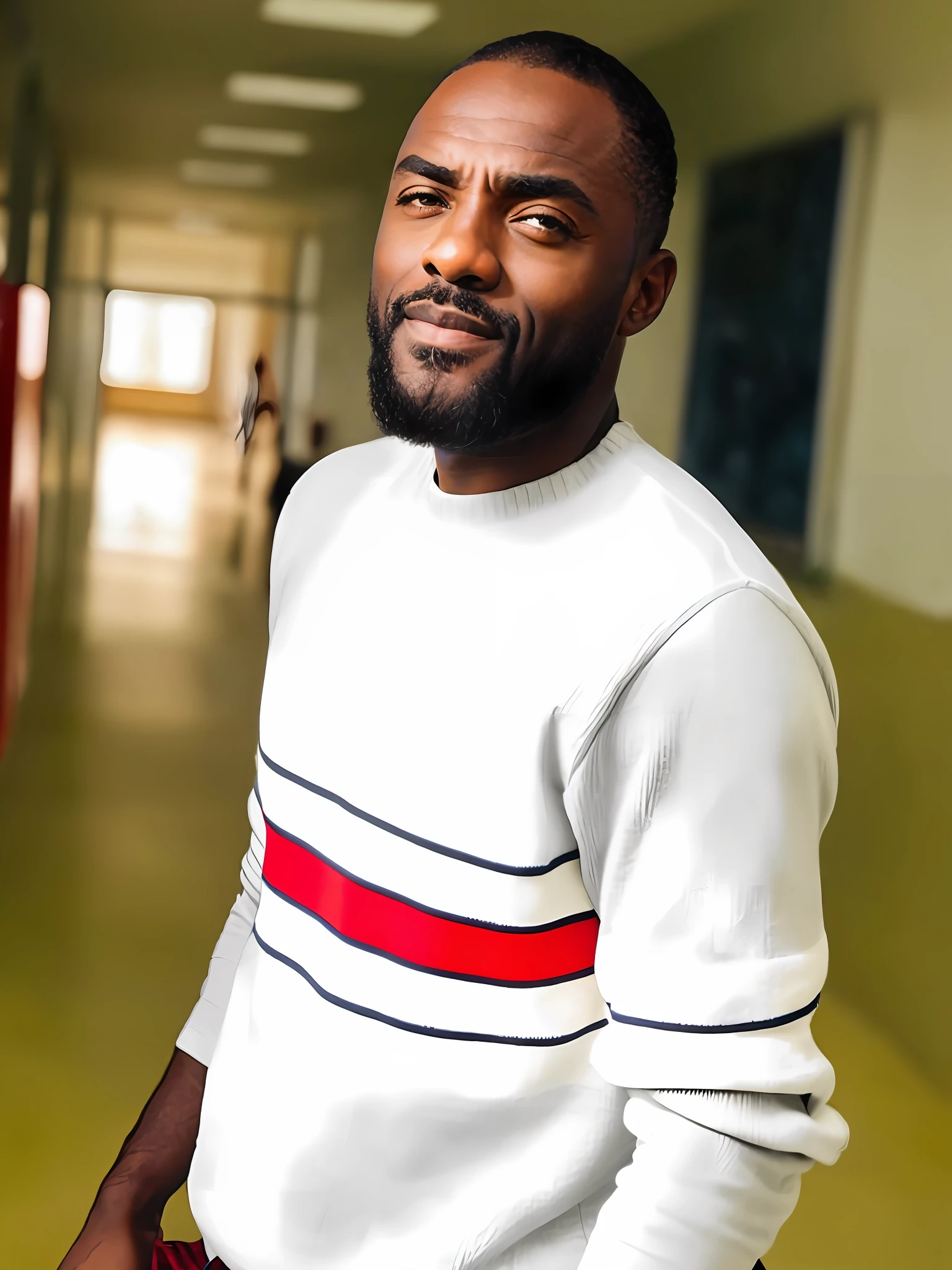 masterpiece, DSLR photo, style, nikon d5, real photo, a photo (average photo: 1.3) of idris elba wearing a tight white tank top and blue jeans on a farm, dramatic lighting (85mm), (detailed facial features), (detailed bright eyes), dynamic angle, jeremy mann, Ilya Kuvshinov style