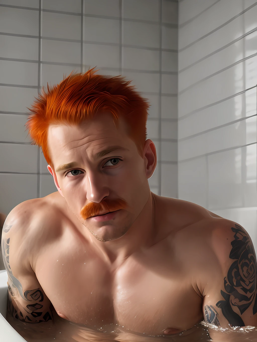 best quality, ultra photorealistic, photorealism, 8k, photography, A 30-year-old red-haired man crying in the bathtub inside the bathroom, red mustache, shaved hair, european style, dramatic atmosphere, realistic, photography, (muscular, no beard, orange red hair), tattoo, detailed face and eyes, highly detailed skin, 8k uhd, sharp focus, professional, best quality, realistic, ultra realistic, photorealistic