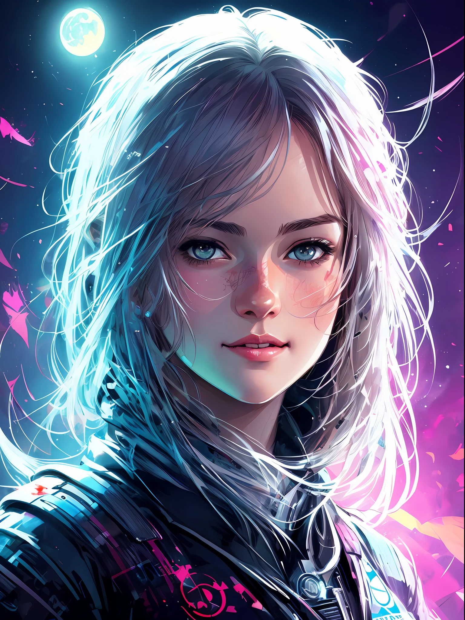 happy girl, centered, looking at the camera, approaching perfection, dynamic, moonlight, highly detailed, digital painting, art station, concept art, smooth, sharp focus, illustration, art by Carne Griffiths and Wadim Kashin, detailed face, 4k