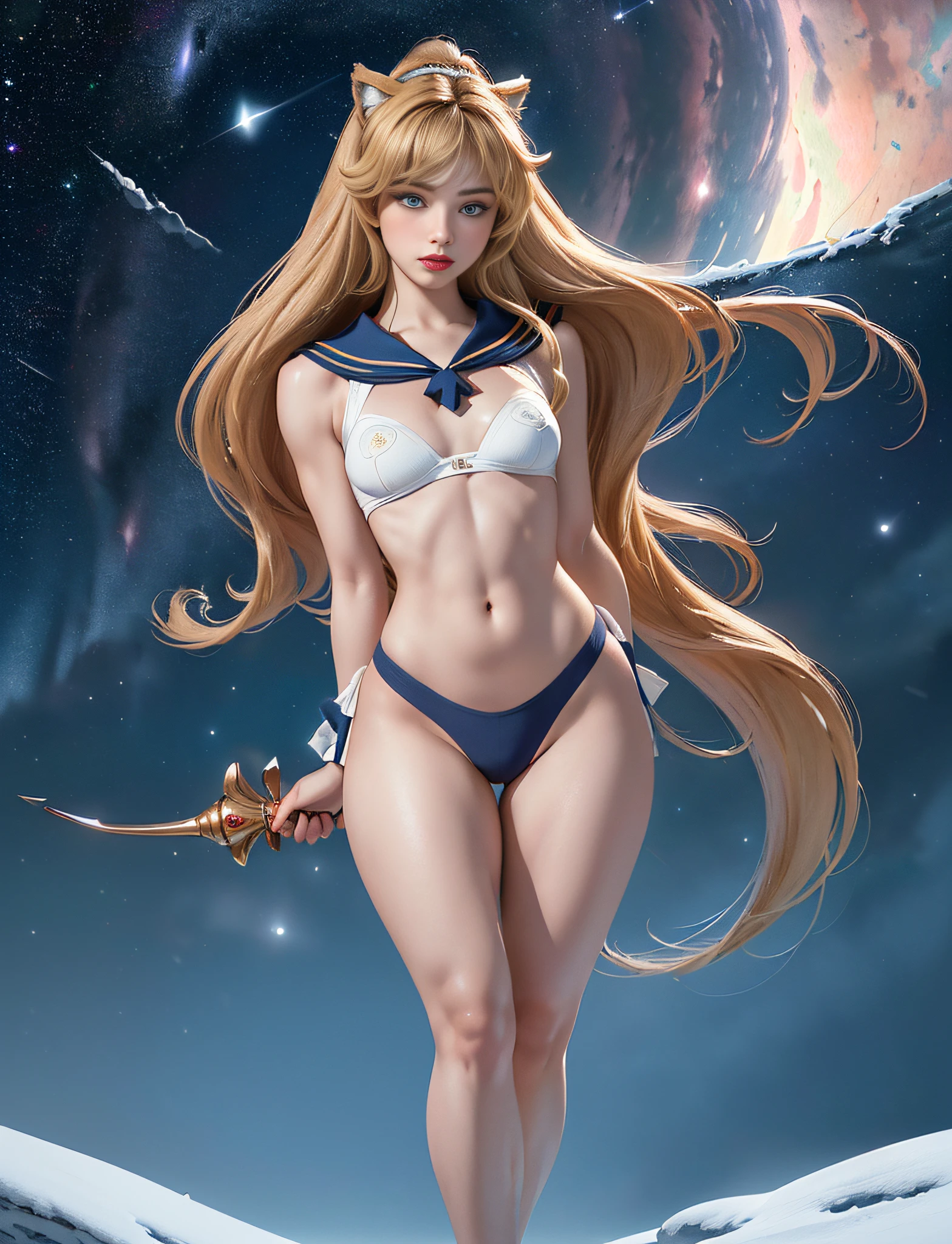 ((very detailed RAW color photo)), ((realistic)), (((1 girl))), (((alone))), (((33 years))), ((athletic)), ((very defined toned physique)), ((very defined and beautiful muscular body)), (((very detailed perfect body))), (((small and defined breasts))), (((ultra defined curves))), (((superior quality, 8k, masterpiece: 1.3)), sharp focus: 1.2, (((extremely beautiful girl with perfect figure: 1.4))), ((very thin waist: 1.2)), ultra detailed skin texture,  ((perfect and beautiful hands)), ((smooth and soft skin)), (ultra detailed fabric texture), extremely beautiful ultra detailed face, (((extremely beautiful))), ultra detailed, (((girl wearing Sailor Venus costume))), (((extremely long curly blonde hair))), extremely beautiful, (((extra long ponytail with bangs))), ((very detailed and beautiful wolf ears)), (hair on the face), ((hair ribbon)),  dynamic pose, ((uniform leaves thighs exposed)), ((ultra detailed and toned legs)), (((ultra detailed waist))), (((very wide hips))), (((very thick and toned thighs))), (sexy), (((extreme hourglass figure))), (((very thick heart lips))), ((red lipstick)), ((ultra detailed lips)), ((ultra detailed blue eyes)), ((angry look)), (((staring at the viewer))), ultra detailed provocative mouth,  extremely beautiful seductive lips, ((blushing)), (makeup), (((ultra defined waist))), eye shadow, (full body shot), starry night, night sky, stars, full moon, galaxies and nebulae, snow