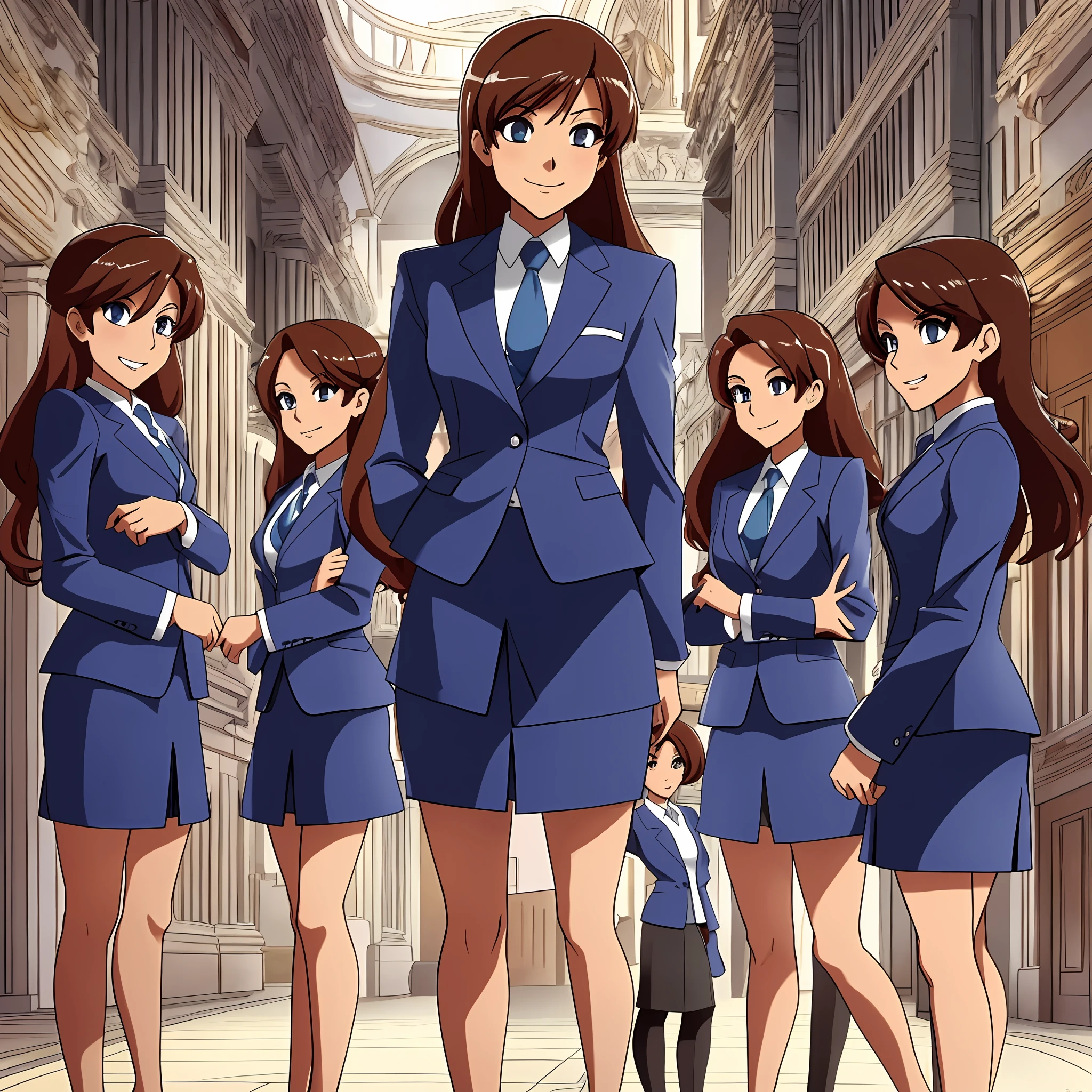 perfect anime illustration, multiple girls, thousands of sisters, millions of sisters, clones, identical sisters, brown hair, curly hair, long hair, matching hairstyle, hazel eyes, smiling, business attire, blue skirt suit, pencil skirt, black high heels, matching outfits, businesswomen, highres, office, full body, bare legs, neat rows of sisters, neat columns of sisters, sisters standing in formation, sisters in background