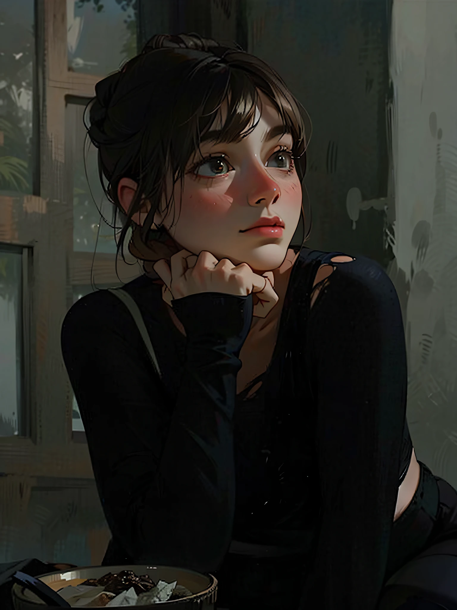 a hyper-realistic portrait of a young woman, half asleep, under a tree, inside a forest, in the middle of nature, 22 years old, realistic, (lying on her side), she is wearing a red panties, (wearing a garter belt and black pantyhose), sexy, (huge breasts 2:1), torn, (all torn), short brown hair, (hair tied with bows), curved, SFW