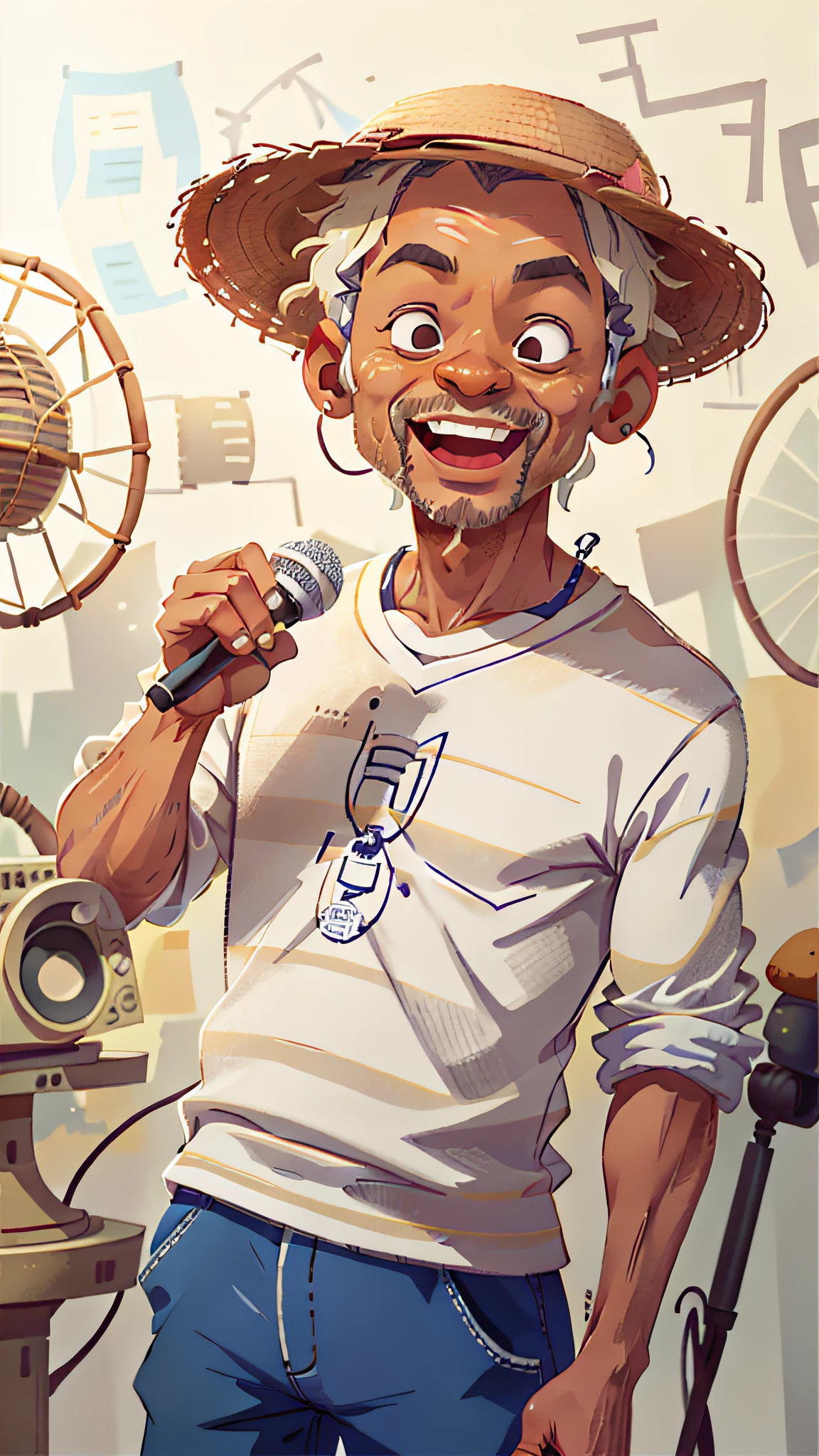 (SFW), 52 year old man, radio studio, speaking into the smiling microphone, face of the older actor will smith, striped shirt outfit long sleeve straw hat, perfect quality, clear focus, colorful, perfect face, intricate details, ultra-low viewing angle, wide-angle lens