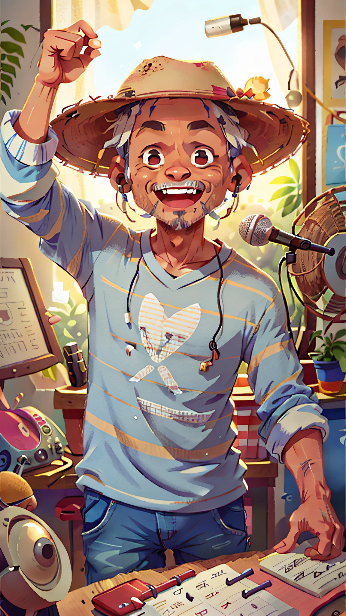 (SFW), 52 year old man, radio studio, speaking into the smiling microphone, face of the older actor will smith, striped shirt outfit long sleeve straw hat, perfect quality, clear focus, colorful, perfect face, intricate details, ultra-low viewing angle, wide-angle lens