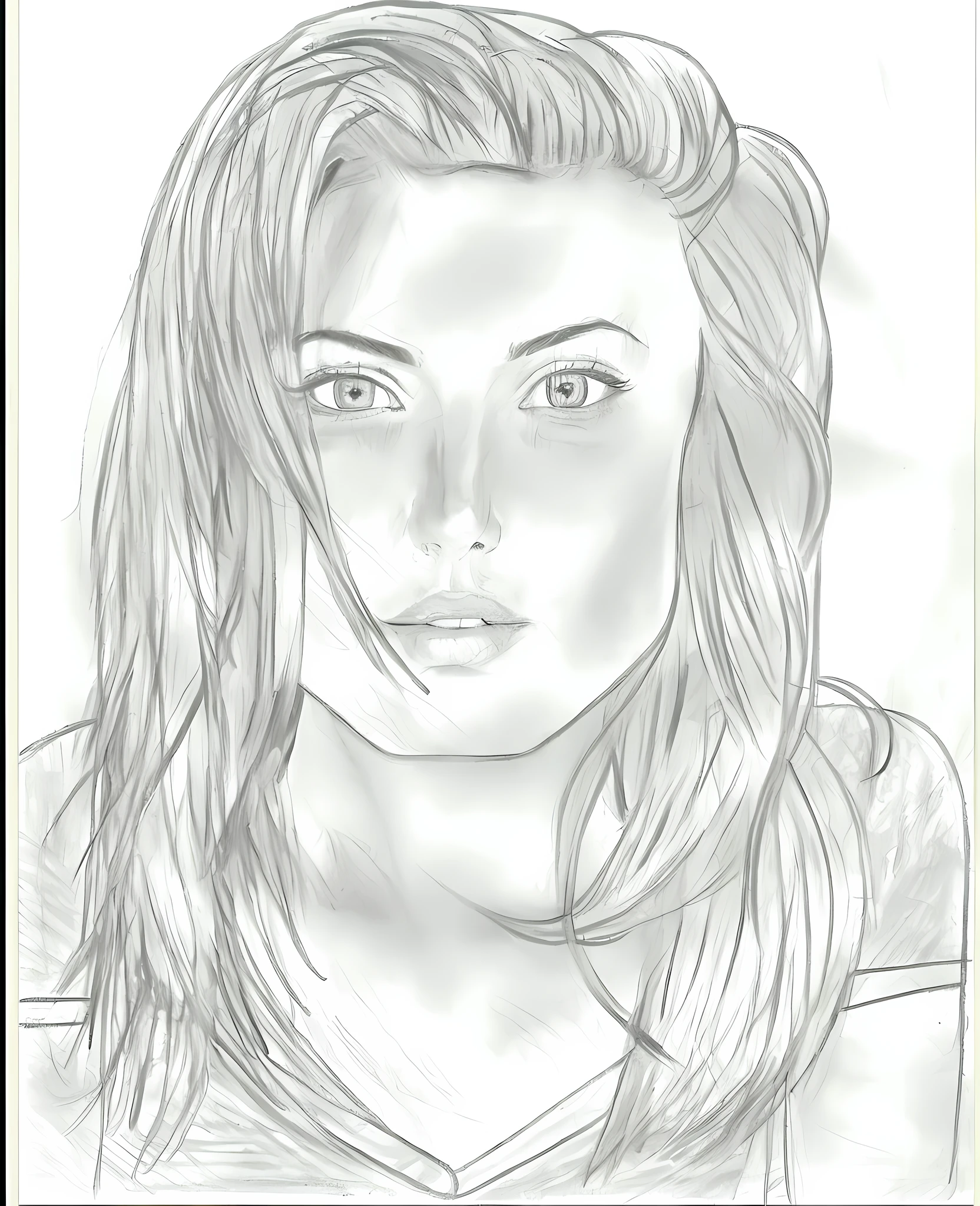 a drawing of a woman with long hair and a ponytail, realistic sketch, art sketch, face sketch, sketched, pencil draw, old sketch, girl sketch, angelina jolie portrait, face very realistic, fan art, phoebe tonkin, artistic drawing, pencil sketch, self - portrait!!!!, realistic face, realism drawing, artist sketch, drawn with photoshop, sketch art