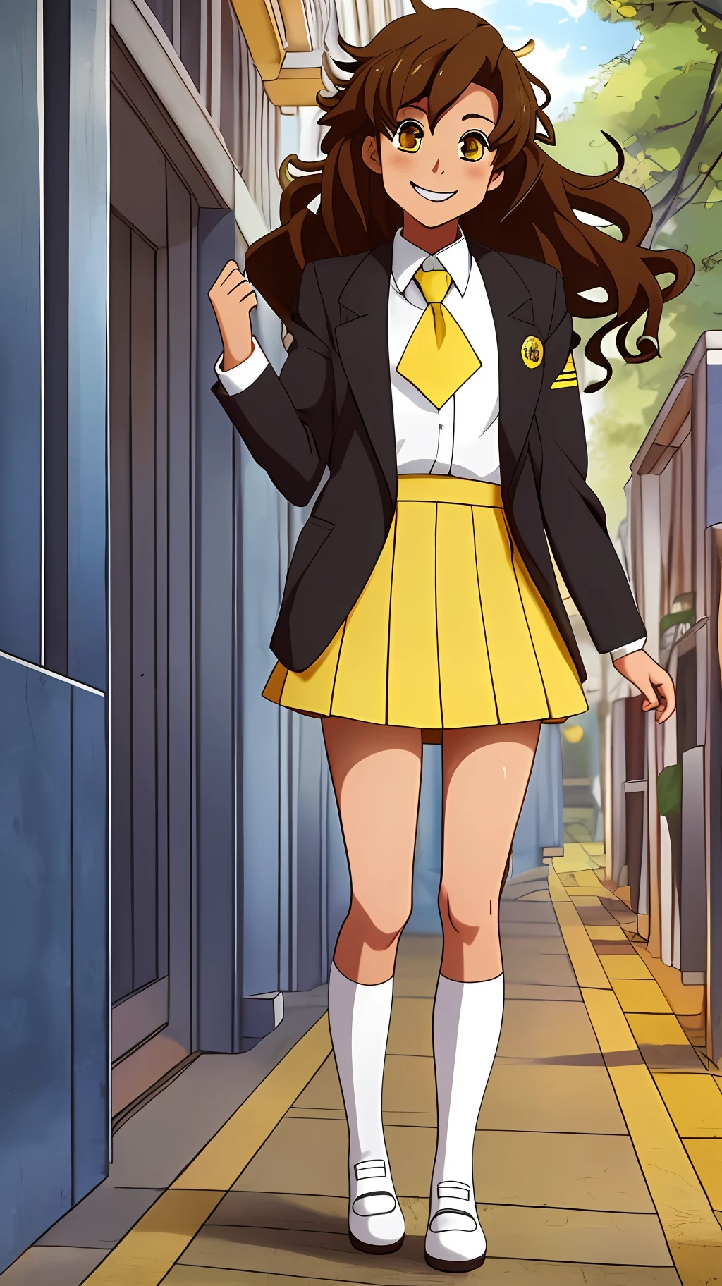 perfect anime illustration, brown hair, curly hair, long hair, hazel eyes, smiling, school uniform, yellow blazer, tight yellow skirt, white socks, knee high socks, black high heels, highres, school, full body