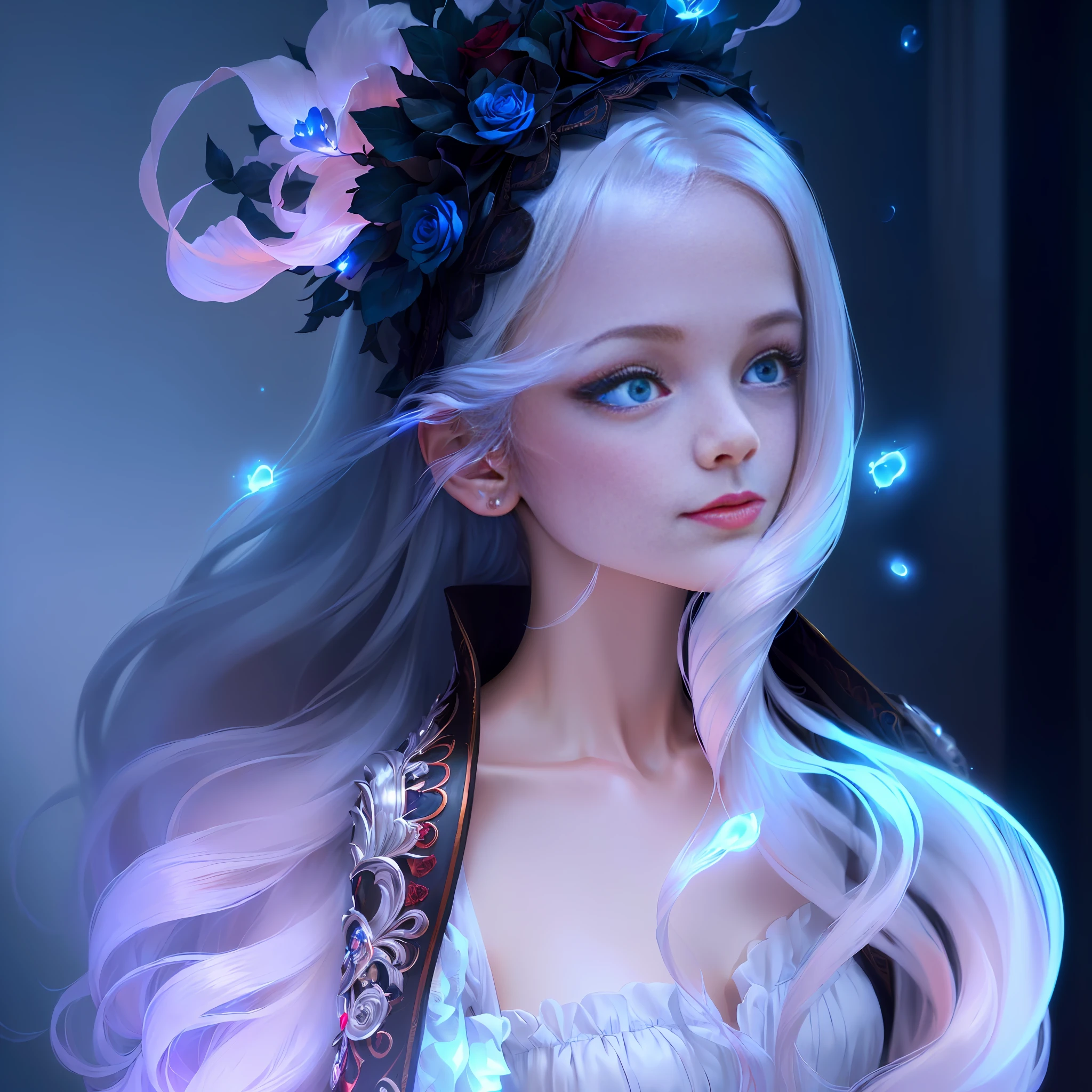 (Extremely detailed CG Unity 8k wallpapers, masterpiece, high quality, super detailed), (charming charming girl, lavish decoration, gorgeous, and charming red roses), (dynamic view, dazzling blue eyes, long silver hair: 1.3, exquisite collection,), (magic and mystery background, firefly lights, glowing particles, ethereal fog and darkness), high saturation.