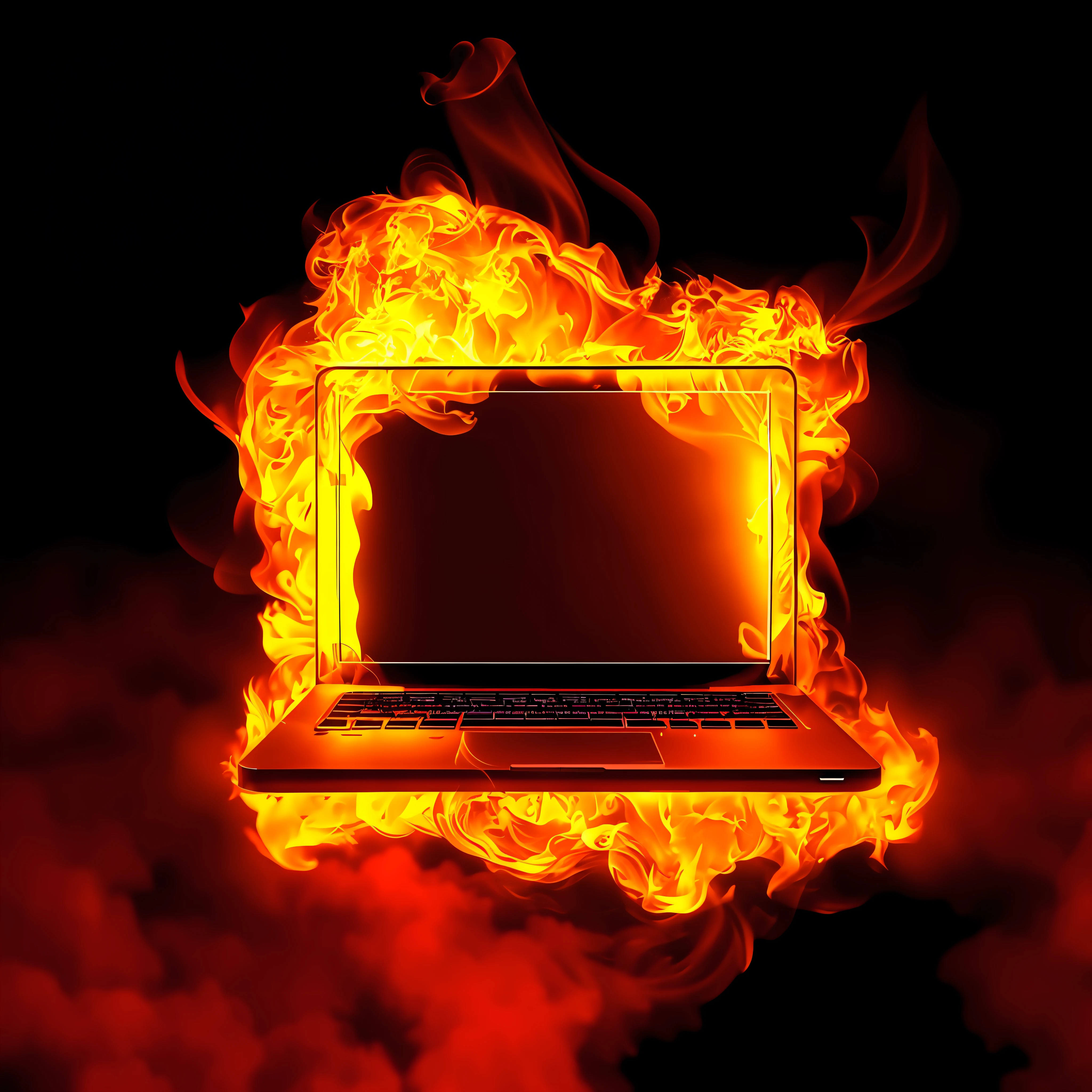 flames around a laptop on a black background, laptop, on a dark background, gpu fire, flaming background, the background is on fire, technological art, smoking, burning, best in adobe stock, by Rodney Joseph Burn, full device, pixabay, fire background, computer wallpaper, technology, flames in the background, very intense