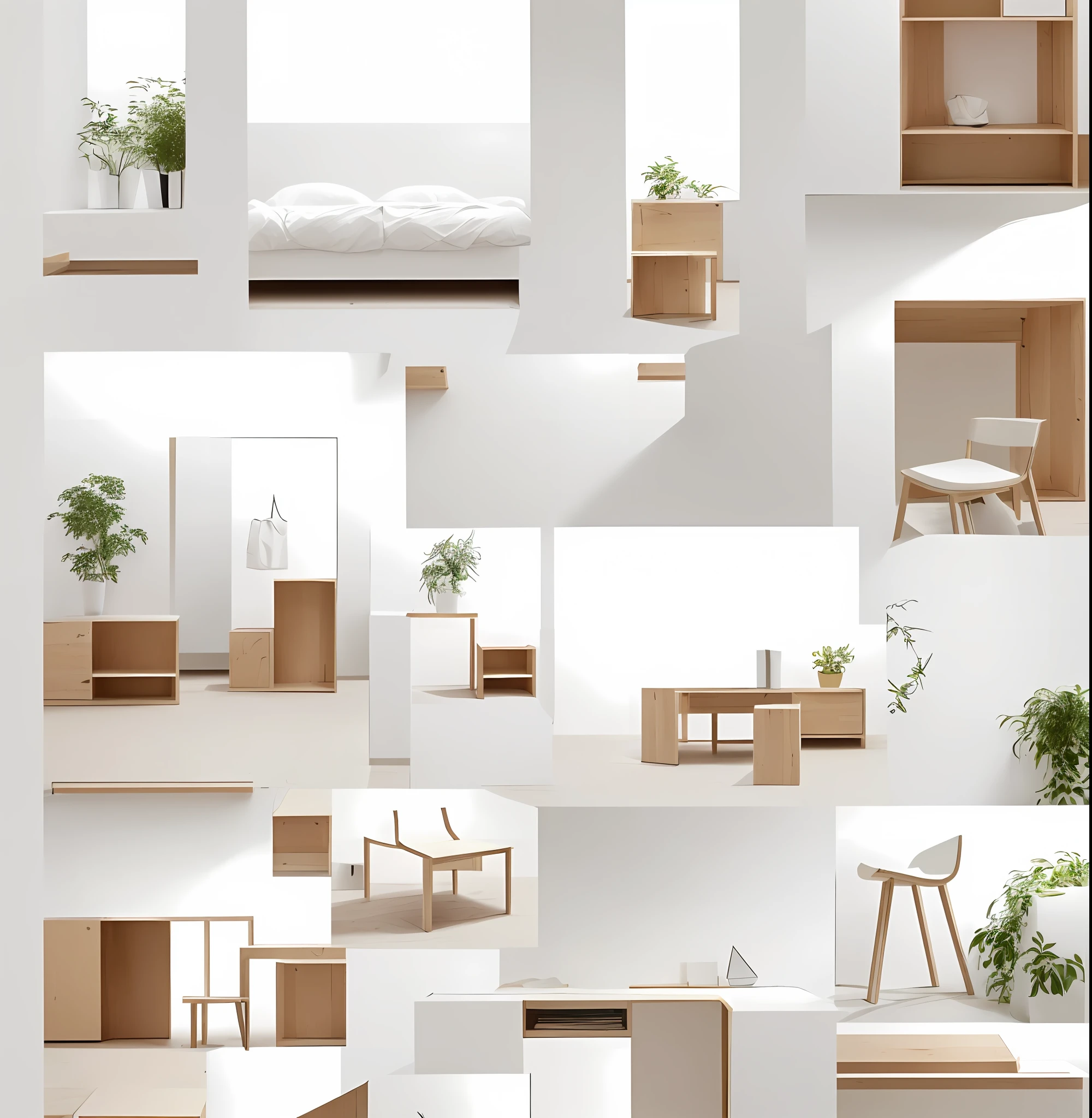 (Top Quality, 8k, Masterpiece: 1.3, Minimalistic, Studio Photo Setting, 1 image contain 8 iterations. 8 style of designs in 1 pic, Ultra crisp clear, Ultra super Refined, Unique Wooden hanger , White Background: Flat, No Wrinkles, No Shadows, Artwork: Center, Horizontal, Distance and Angle Adjustment, Lighting: Uniform, Accurate, No Overexposure or Reflection, Camera: Low ISO, F8-F11 Aperture, 1/60-1/125 Shutter Speed, Auto or White Balance, Very minimal and simple settings. With a minimalist style, it often surprises and delights viewers. I believe that it makes every day very interesting and rich. That's why designs that evoke these feelings observe everyday objects and situations with curious and fresh eyes and try to find new ways to reinterpret or enhance. Using CNC cut out technique for being able to build furniture from flat pack or simple knock down style or easy to build and go style as an approach for designing to Generate the following series of furnitures containing clothes hanger