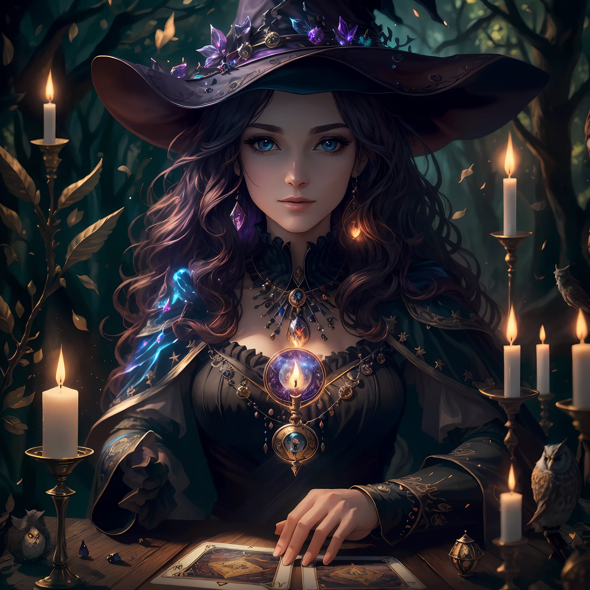 masterpiece, best quality, extremely detailed, 8k resolution, high resolution, dynamic, magic, witch, doing magic, tarot cards, crystals, owl, candle, [magic+fantasy:1.3],[old+woman+dark:1.2])