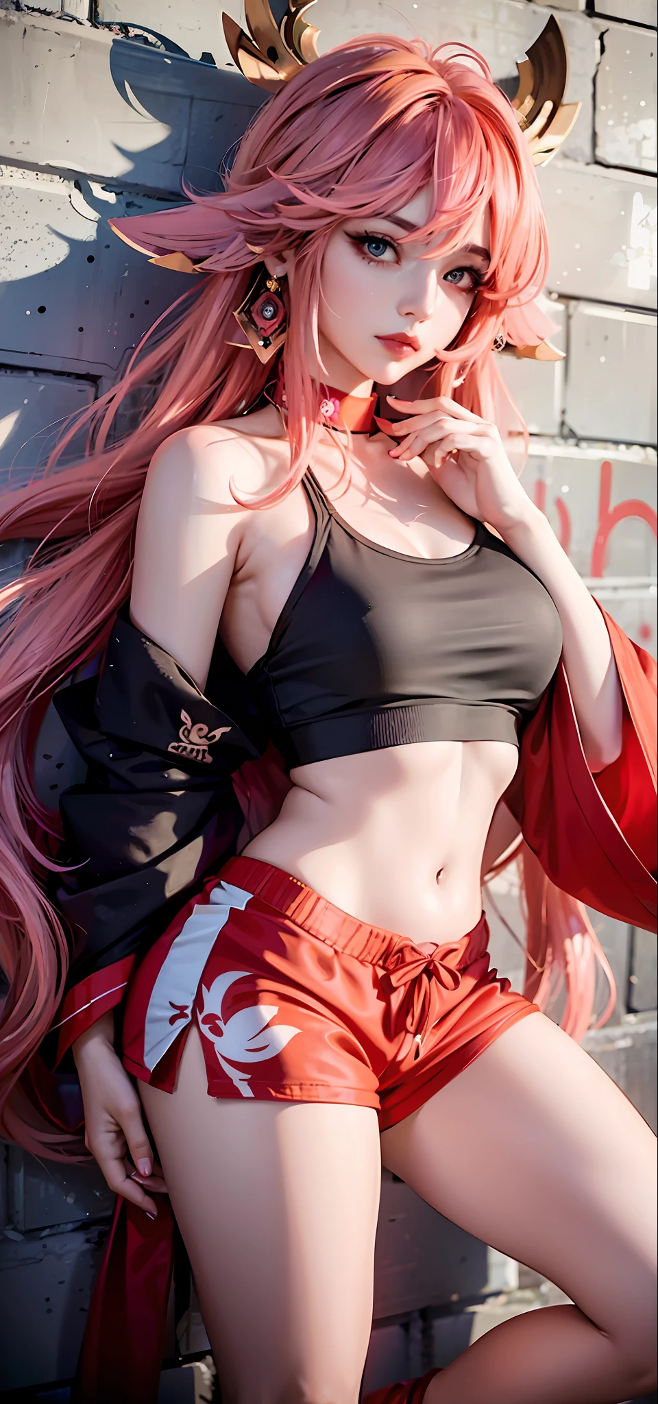 (Masterpiece, Superb Piece, 1Girl, Solo, Intricate Detail, Color Aberration), Realism, ((Medium Breath)), Off-the-Shoulder, Yae Miko, Long Pink Hair, Red Headdress, Red Highlight, Hair Above One Eye, Green Eyes, Earrings, Sharp Eyes, Perfect Symmetrical Figure, Choker, Neon Shirt, Against a Wall, Brick Wall, Graffiti, Dim Lights, Alley, Looking at the Audience, ((Mean, Seductive, Glamorous)), Yoga Pants, Shorts, Hot Pants,