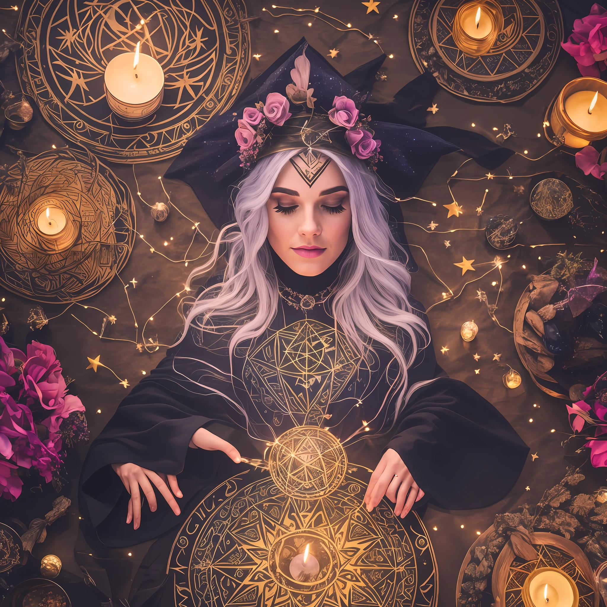 Powerful witch working magic on a dark night, lit candles illuminating her crystals, tracing ancestral runes on her tarot table, with fresh flowers scattered on her magic circle to summon her cosmic powers. (8k)
