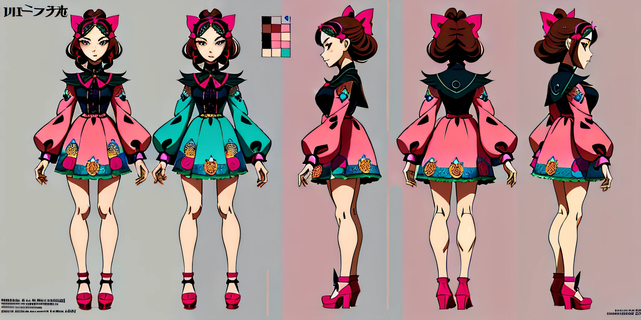 (masterpiece), (best quality: 1.0), (ultra highres: 1.0), detailed illustration, 8k, anime character design of a young woman in a short pink dress with a bow, detailed face, perfect face, anime eyes, detailed eyes, dark brown eyes, detailed hair, hair highlights,highly detailed, anime style, vibrant, colorful, colorful photo, character design art,  highly detailed character design, [ character design ], detailed full body concept, detailed character design, detailed full body concept art, fashion concept art, full body character design, beautiful anime character design, high quality character design, character concept design, anime character design,  unrealistic character concept, (((detailed face)))), hd, intricate,beautiful elegant, hair highlights, anime style, best quality, vibrant