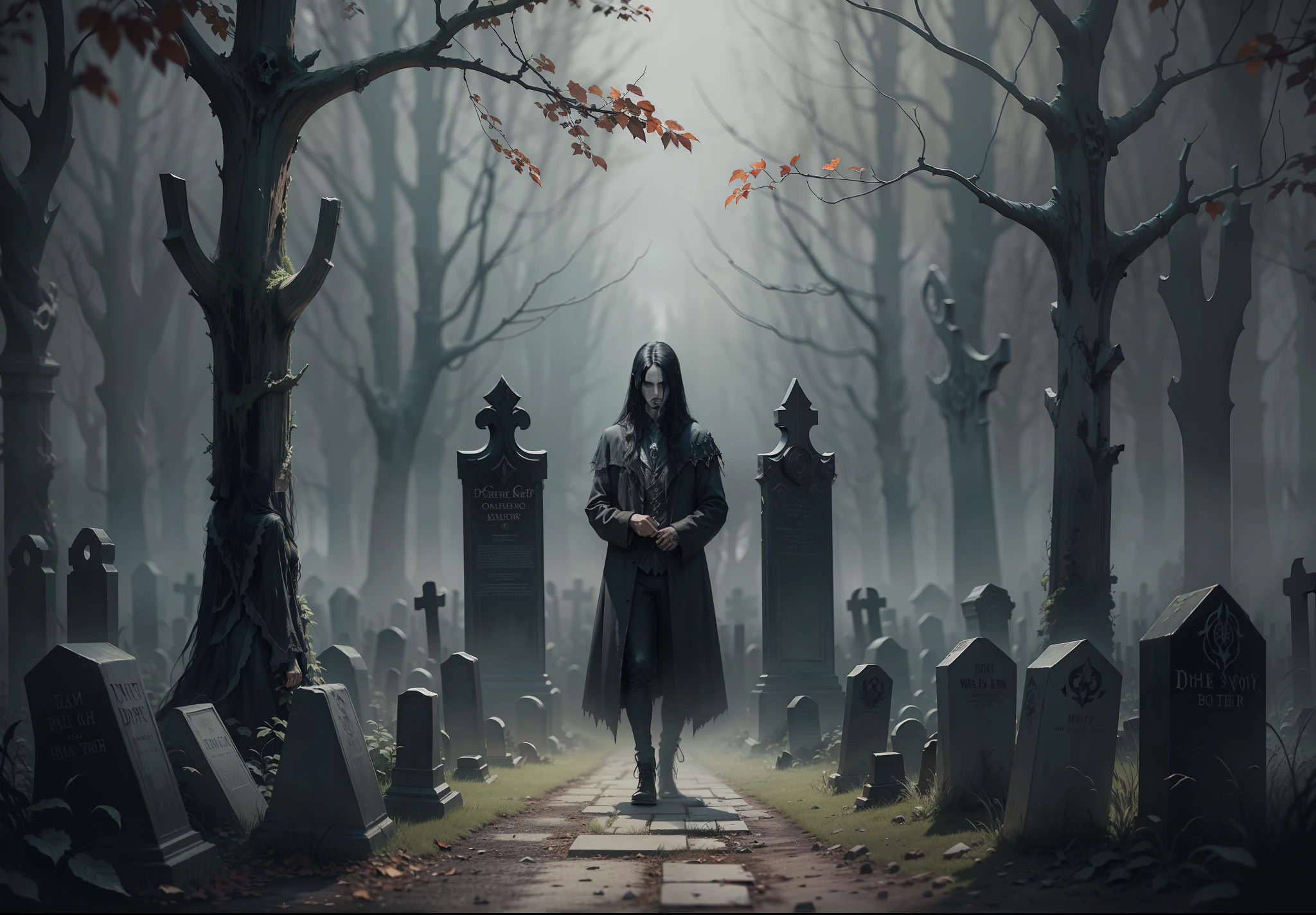 A dark and atmospheric cover art featuring a death metal band in a haunting graveyard. The artwork portrays the band members amidst tombstones, with an eerie mist enveloping the scene. The mood of the artwork is chilling and ominous, reflecting the morbid and supernatural themes often explored in death metal music. The lighting style of the graphic employs subtle and moody lighting, casting eerie shadows and emphasizing the macabre atmosphere. Graphic design, ultra-realistic, grunge frame, white background, no text, no logo. --auto --s2