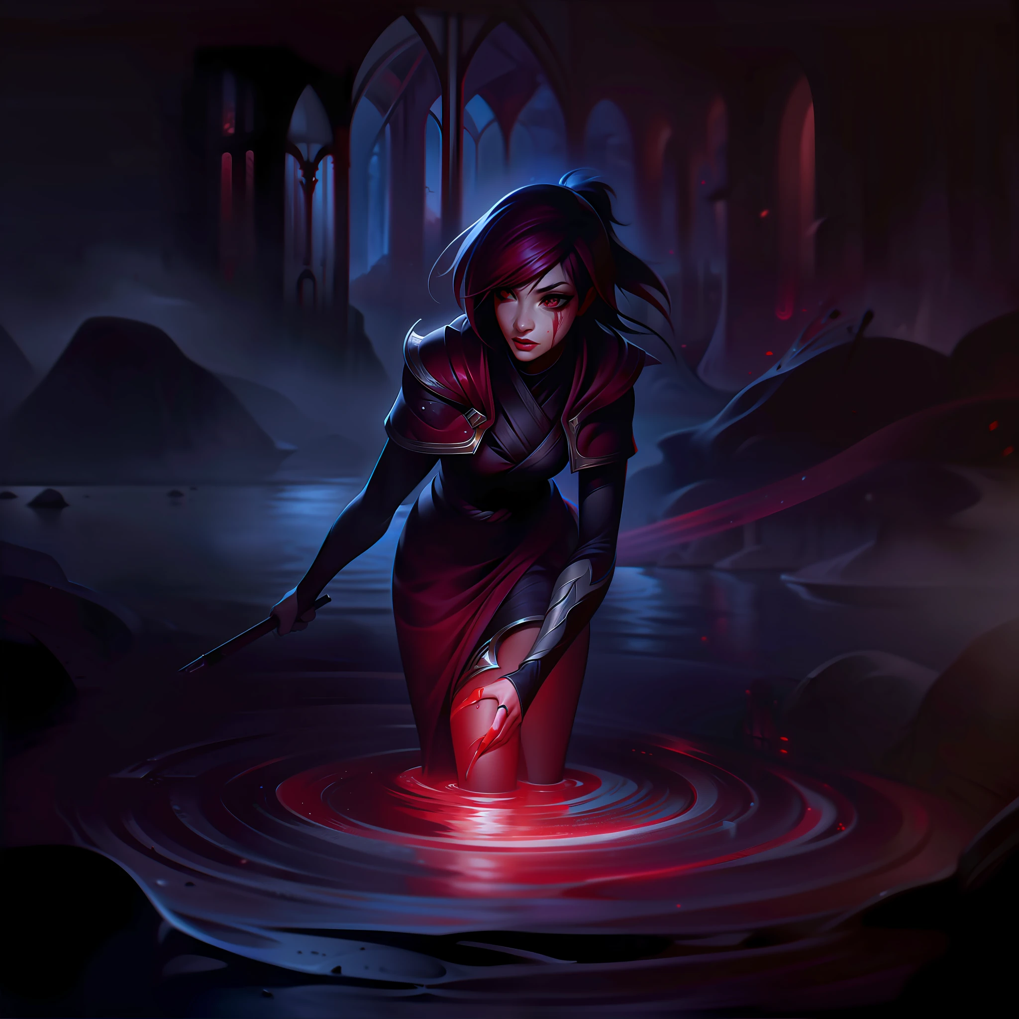 woman + blood + river + drops + dark splashart, splashart, league of legends splashart, art, brushstroke, masterpiece, 8k, ultra detailed, HD