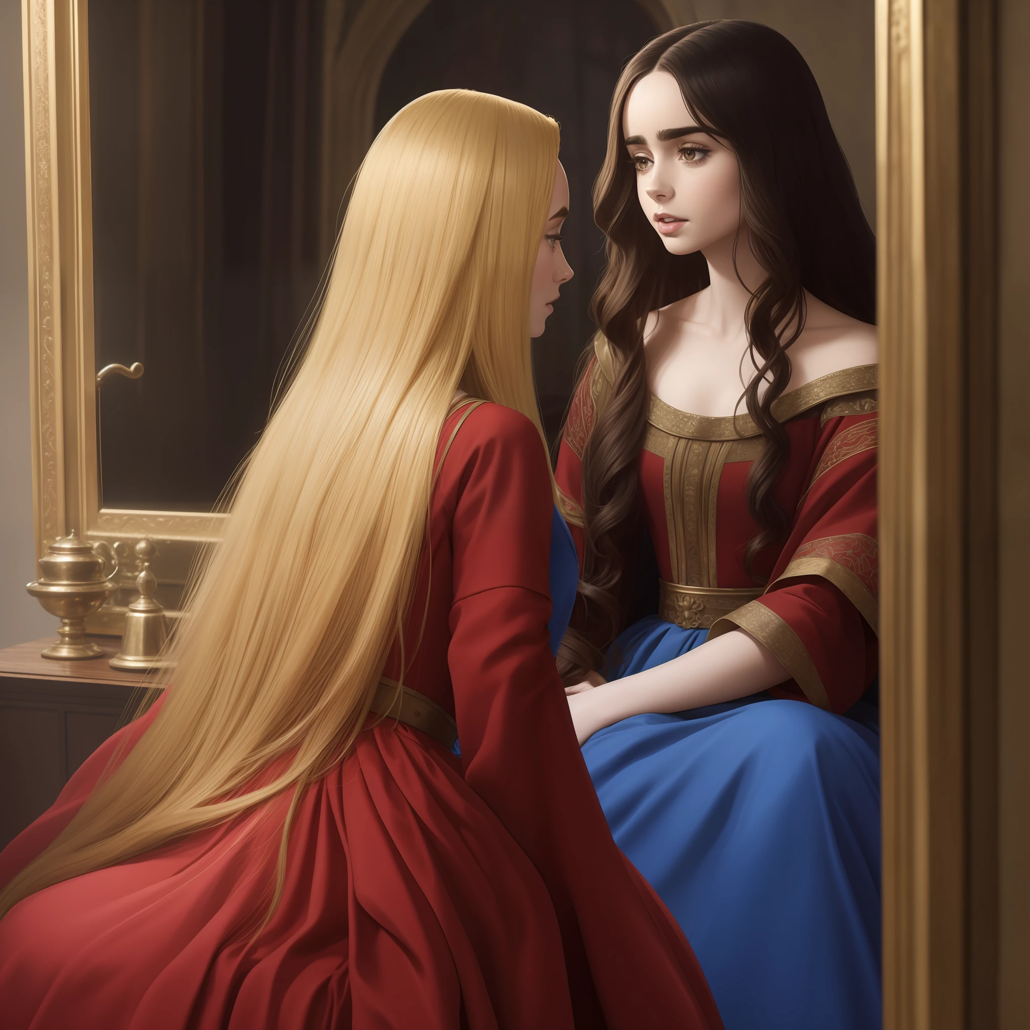 Lily Collins who has long black curly hair, wearing a simple red dress of a medieval commoner, combing the hair of Lupita who has blonde, straight hair and brown eyes and is wearing a dazzling blue dress of a medieval princess sitting in front of a mirror