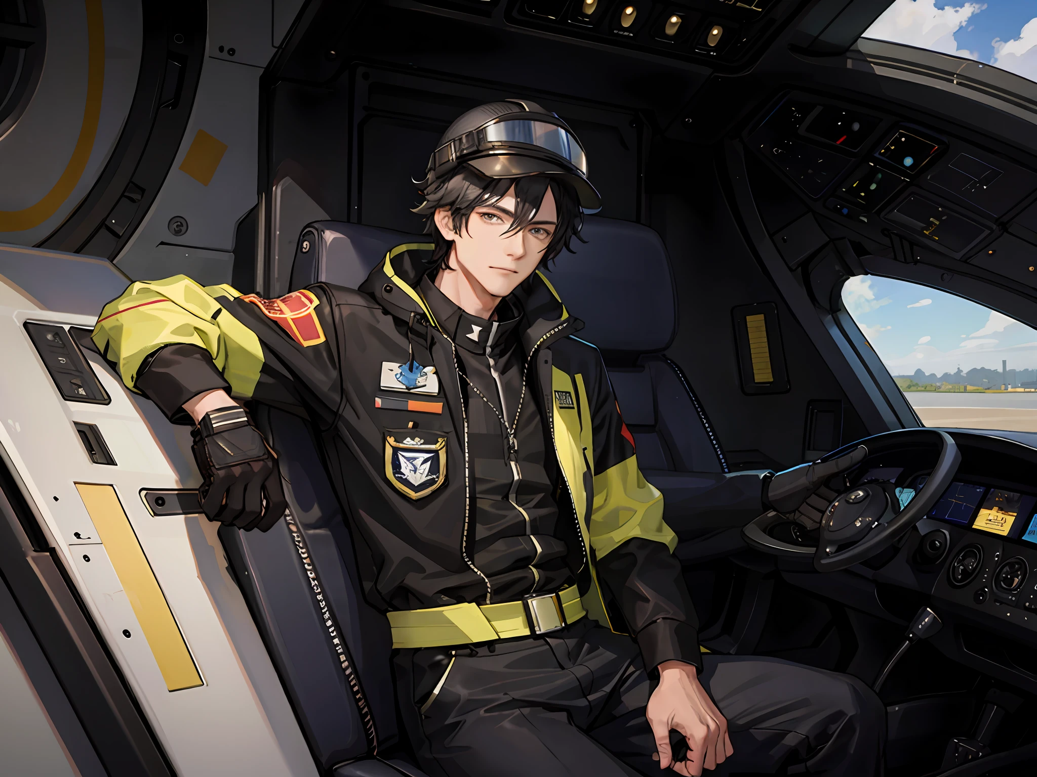 A man sits inside a fighter jet, ready to go. Hard hat, black hair,