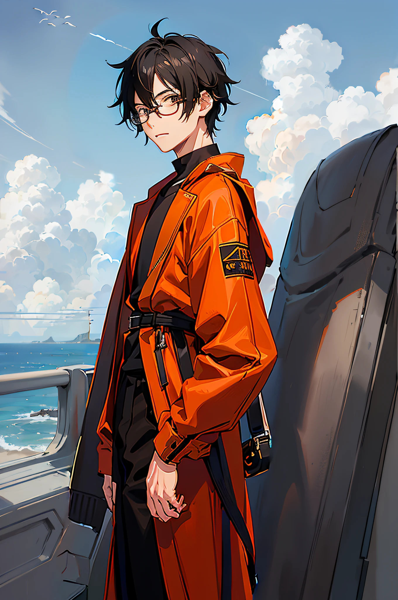 head of young anime man (black hair, cute glasses, {beautiful, bright and detailed brown eyes:1.2}, serious expression), add_detail:1