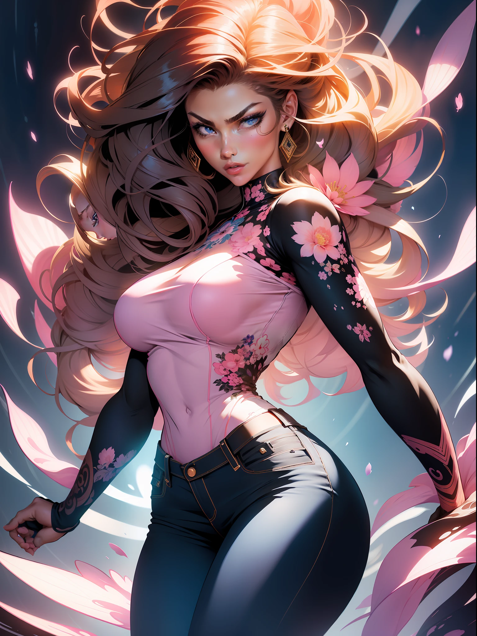 :: Comix style by Joe Madureira :: "Black woman'' , perfect and detailed, ultra detailed shirt with abstract design, with flower print on the sides of the dress, image of woman fighting with alien creature full of tentacles, with immersive effects, hover effect, graphite style background with vibrant colors "HDR ultra" detailed and with focus effect, (masterpiece: 1.2, best quality), (Beautifully detailed eyes: 1.2), ((Beautiful Woman)),long, straight and full hair with brown color,with a natural shine ((Solo)), (Blue eyes:1.4), (Finely detailed eyes and detailed face with long eyelashes:1.3),), (With ultra detailed jeans and a white and pink shirt with ultra detailed tribal tatoom print throughout:1.3), (Beautiful and clear background:1.2), (Extremely detailed CG, Ultra-detailed, Best Shadow:1.1),("" character demonstrating his super power in the fist"")((Depth of field and blur)), ((Watercolor)), Large breasts, Bare shoulders, Flowers and petals, Beautiful conceptual illustration , (white background:0.5), (Illustration :1.1), (extremely thin and beautiful: 1.1), (perfect details: 1.1) graffiti style background, freedom, soul, digital illustration, perfect anatomy, centered,