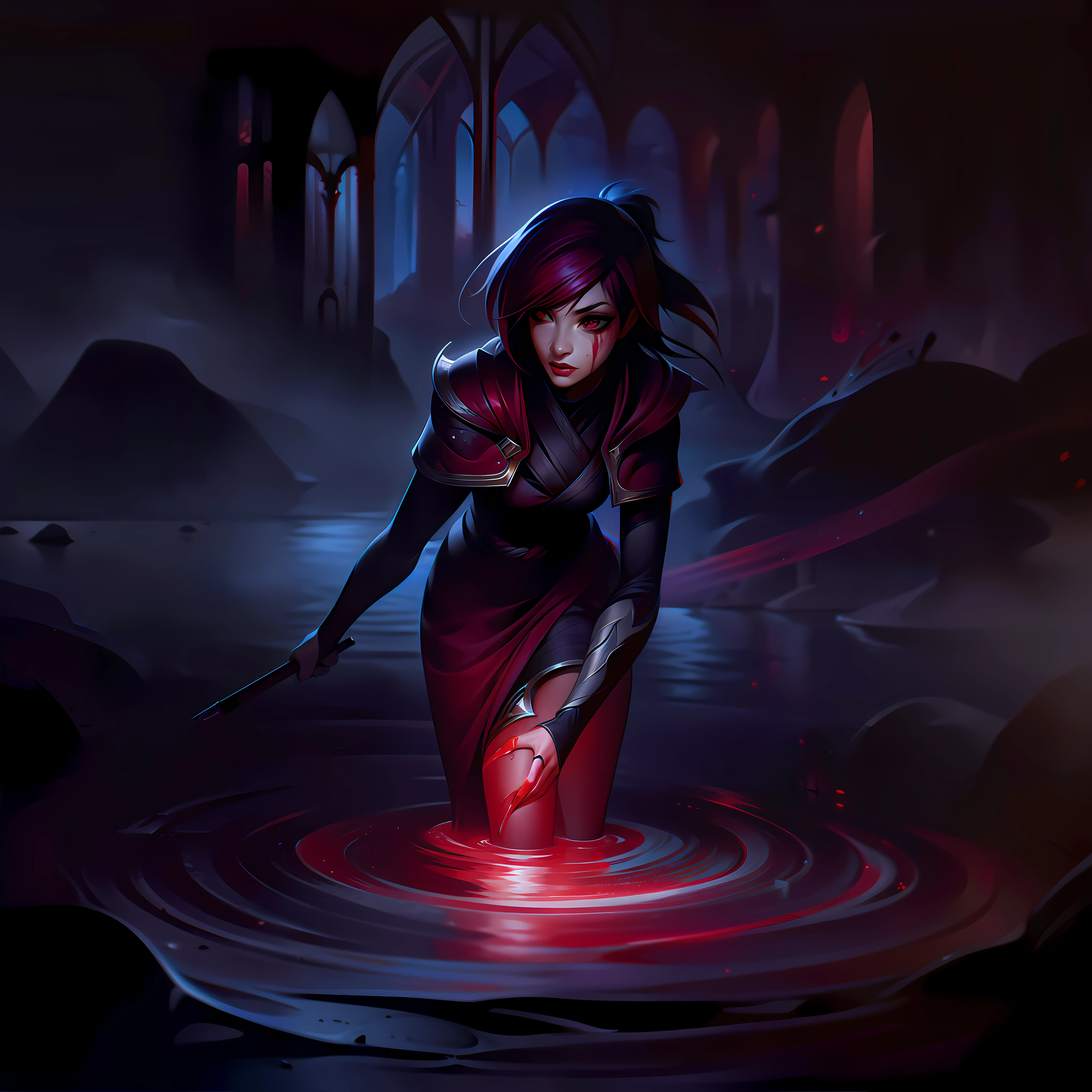 woman + blood + river + drops + dark splashart, splashart, league of legends splashart, art, brushstroke, masterpiece, 8k, ultra detailed, HD