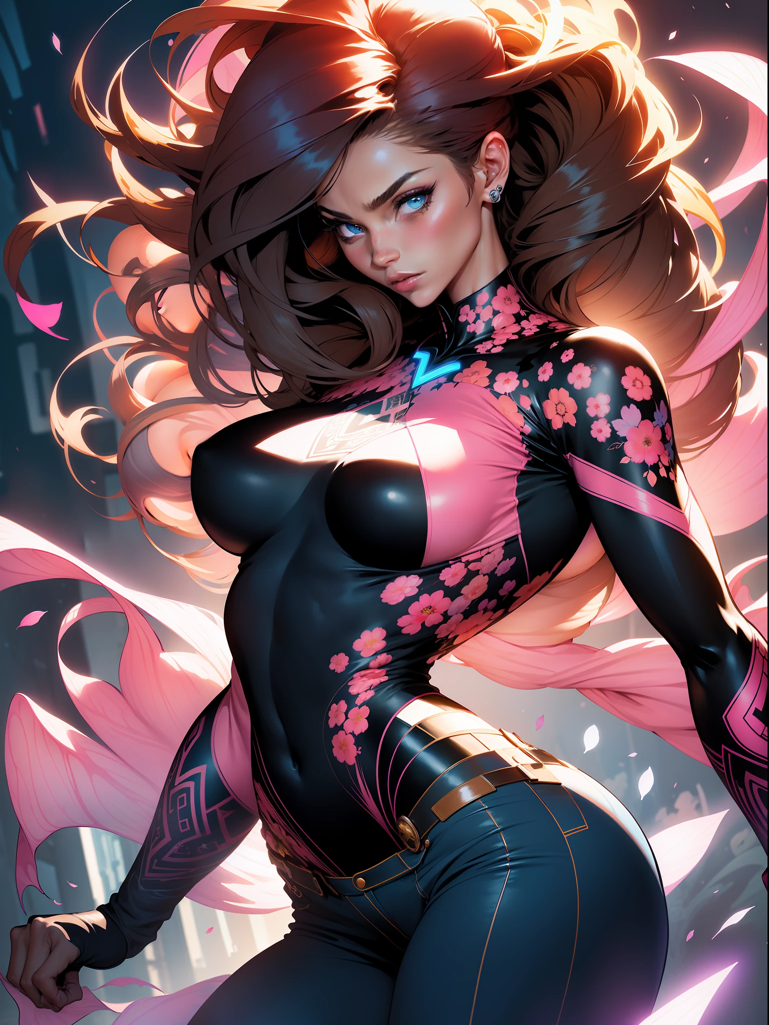 :: Comix style by Joe Madureira :: "Black woman'' , perfect and detailed, ultra detailed shirt with abstract design, with flower print on the sides of the dress, image of woman fighting with alien creature full of tentacles, with immersive effects, hover effect, graphite style background with vibrant colors "HDR ultra" detailed and with focus effect, (masterpiece: 1.2, best quality),  (Beautifully detailed eyes: 1.2), ((Beautiful Woman)),long, straight and full hair with brown color,with a natural shine ((Solo)), (Blue eyes:1.4), (Finely detailed eyes and detailed face with long eyelashes:1.3),), (With ultra detailed jeans and a white and pink shirt with ultra detailed tribal tatoom print throughout:1.3), (Beautiful and clear background:1.2),  (Extremely detailed CG, Ultra-detailed, Best Shadow:1.1),("" character demonstrating his super power in the fist"")((Depth of field and blur)), ((Watercolor)), Large breasts, Bare shoulders, Flowers and petals, Beautiful conceptual illustration , (white background:0.5), (Illustration :1.1), (extremely thin and beautiful: 1.1), (perfect details: 1.1) graffiti style background, freedom, soul, digital illustration, perfect anatomy, centered,
