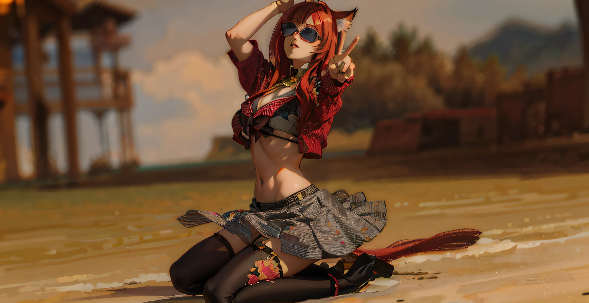 anime girl with long red hair, wearing sun glasses, cat ears, kneeling on the beach during sunset, beautiful anime portrait, detailed portrait of anime girl, kawaii realistic portrait, portrait anime girl, artwork in the style of guweiz, realistic anime artstyle, portrait of an anime girl, cute anime girl portrait, realistic anime art style, digital anime illustration, anime style portrait, stunning anime face portrait