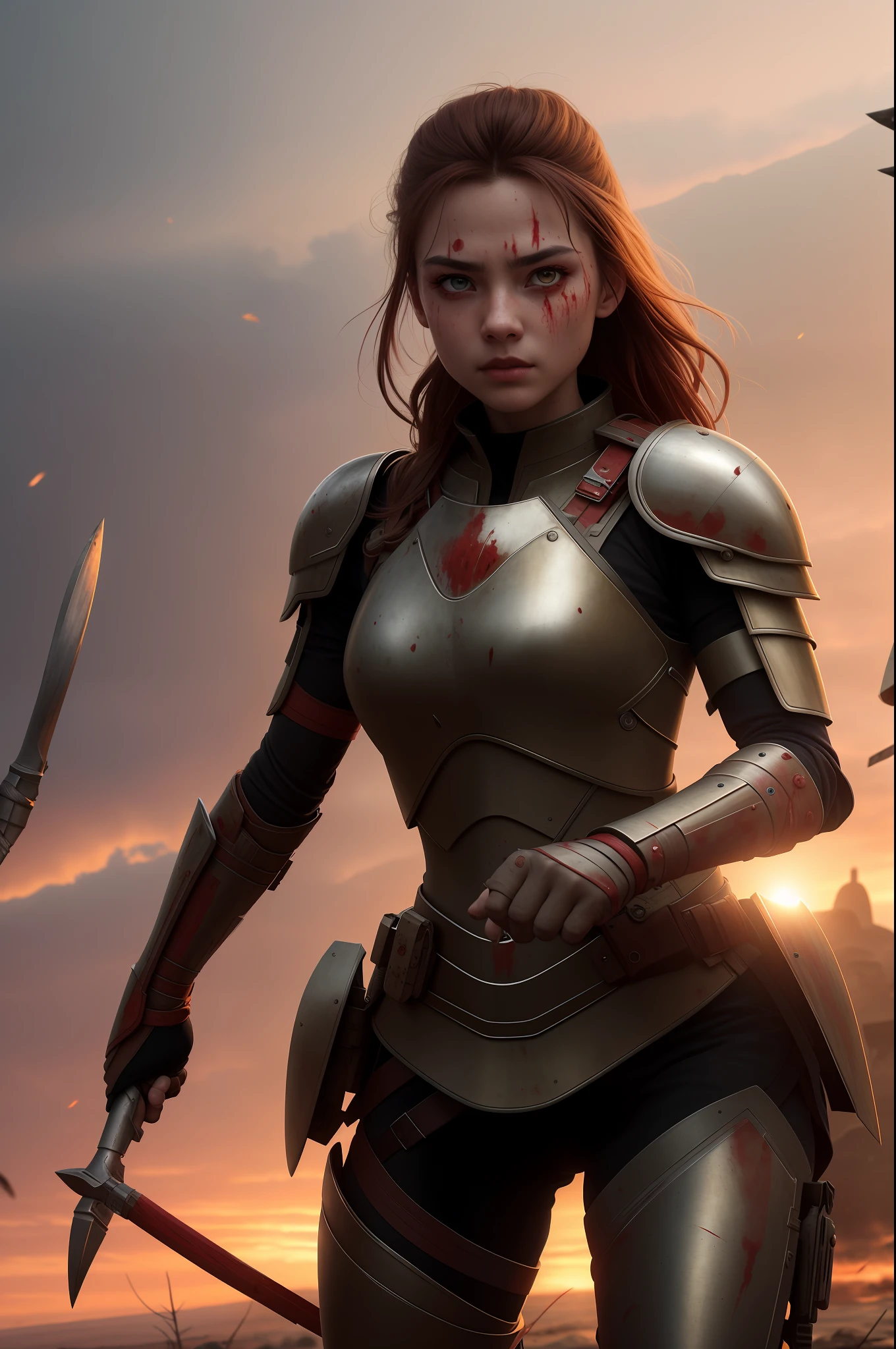 best quality, 8k uhd, dslr, soft lighting, high quality, volumetric lighting, 1girl, upper body, wh_chi_armor, (bloodshot eyes), furious, fighting stance, holding spear, spear, armor dress, heroic, blood on face, blood on clothes, blood flying, battlefield, red flags, smoke, sunset, sexy