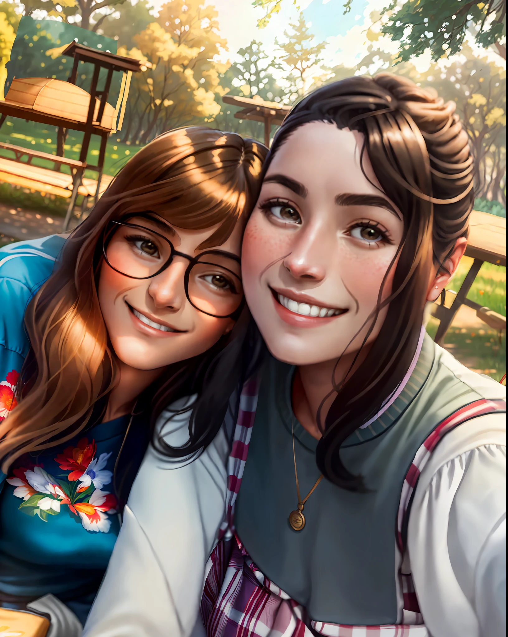 there are two women sitting together in a park with a picnic table, profile image, magali villeneuve and monet, alena aenami and lilia alvarado, profile pic, by Nándor Katona, avatar image, profile picture, two beautiful women in love, valentina remenar, profile photo, yamy, beautiful girls
