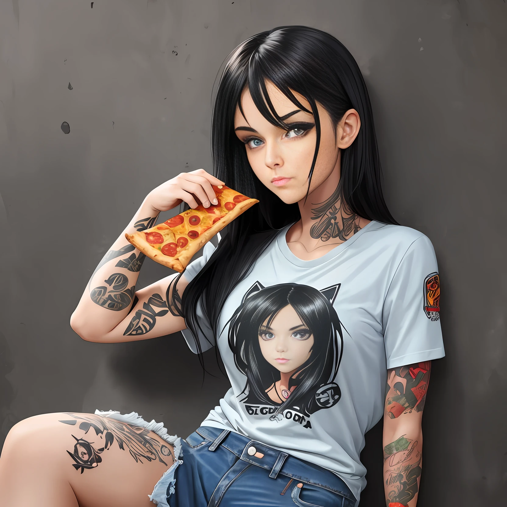 vector, girl, t-shirt, jeans, black hair, tattoos arms, holding slice of pizza --auto --s2