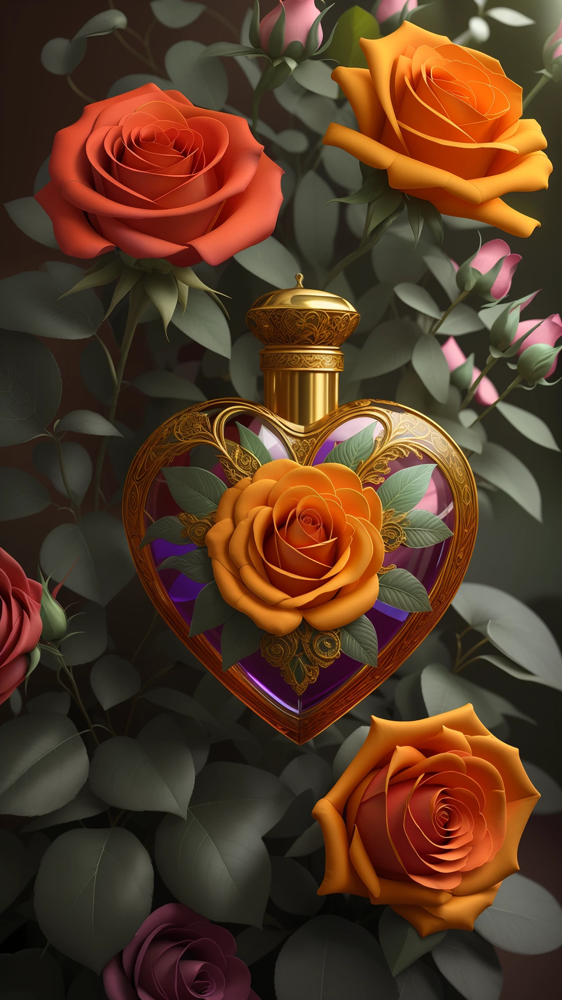 there is a heart shaped vase with roses in it, beautiful detail and color, details and vivid colors, intricate beauty, stunning and rich detail, full of colors and rich detail, immaculately detailed, beautiful ornated details, antique perfume, beautiful intricate glass bottle, 3 d ornate carved water heart, beautiful details, rich colour and detail, beautiful detail