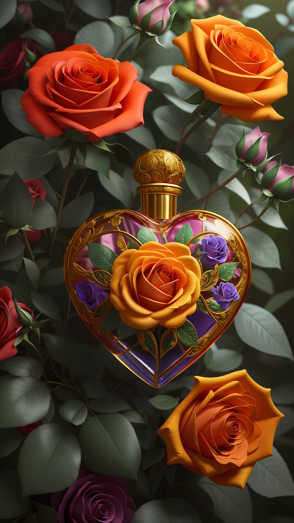 there is a heart shaped vase with roses in it, beautiful detail and color, details and vivid colors, intricate beauty, stunning and rich detail, full of colors and rich detail, immaculately detailed, beautiful ornated details, antique perfume, beautiful intricate glass bottle, 3 d ornate carved water heart, beautiful details, rich colour and detail, beautiful detail