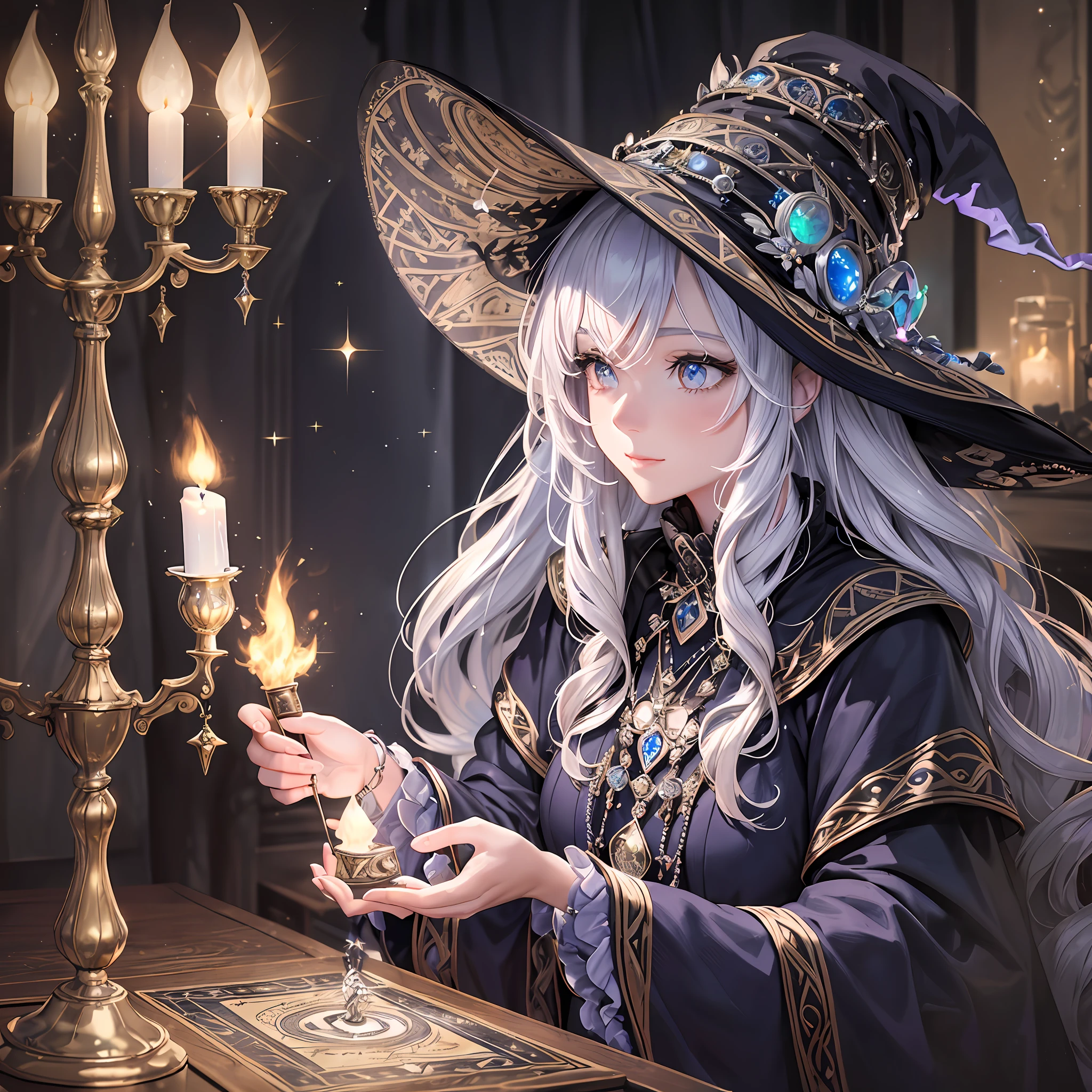 (prompt)="(beautiful+silvery+old-timey) witch creating magic with (glowing candles+shimmering crystals) in an ultra-detailed 8k setting, surrounded by (mystical) tarot cards. "