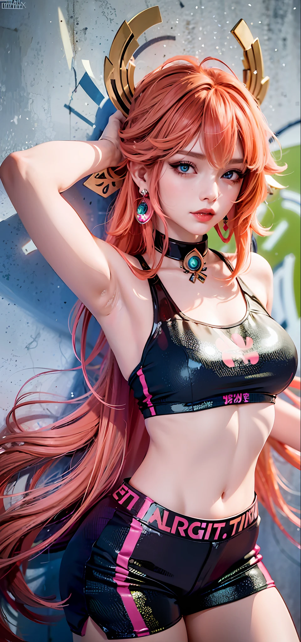 (Masterpiece, Superb Piece, 1Girl, Solo, Intricate Detail, Color Aberration), Realism, ((Medium Breath)), Off-the-Shoulder, Yae Miko, Long Pink Hair, Red Headdress, Red Highlight, Hair Above One Eye, Green Eyes, Earrings, Sharp Eyes, Perfect Symmetrical Figure, Choker, Neon Shirt, Against a Wall, Brick Wall, Graffiti, Dim Lights, Alley, Looking at the Audience, ((Mean, Seductive, Glamorous)), Yoga Pants, Shorts, Hot Pants,