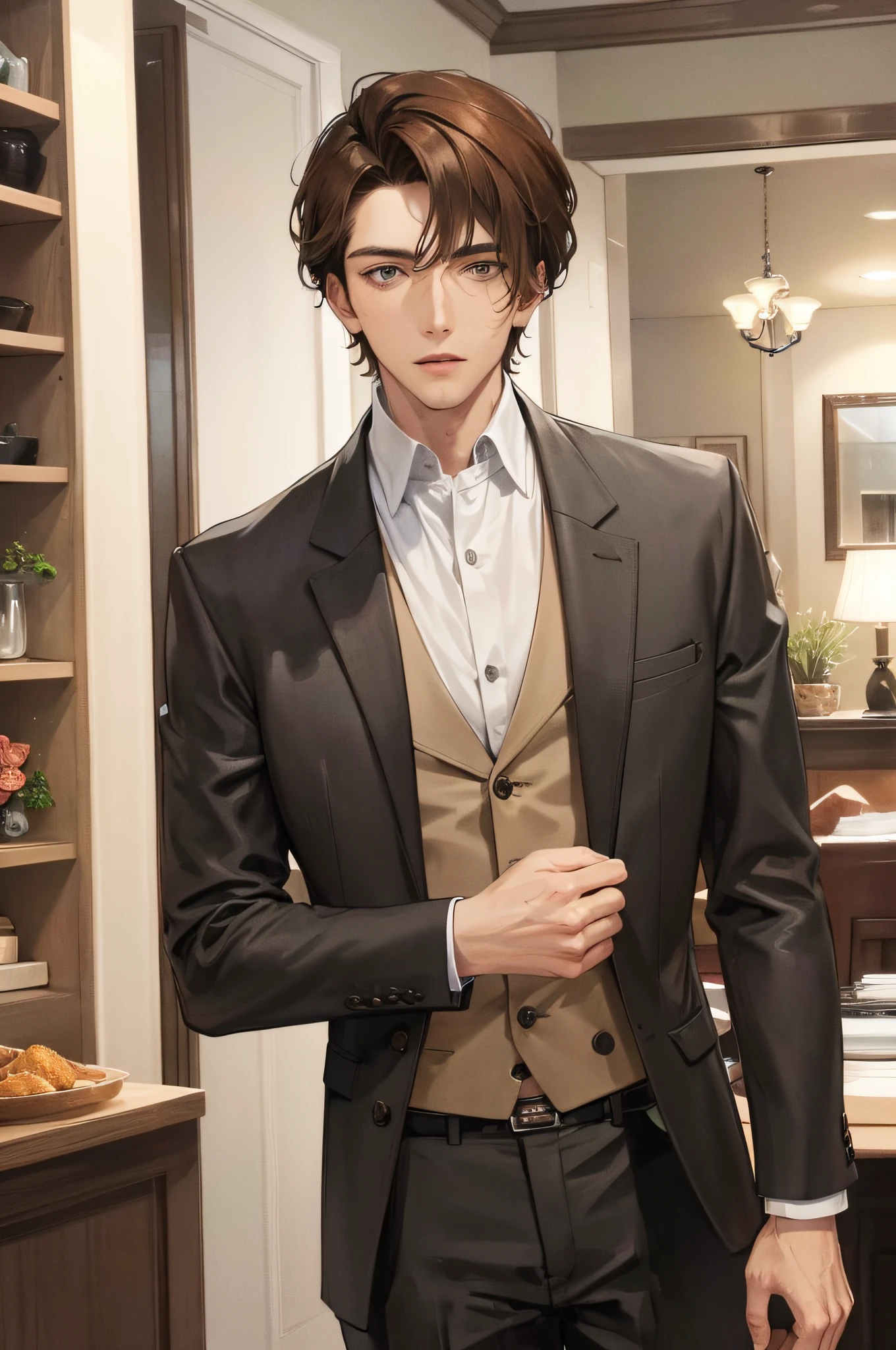 This man is tall with brown hair and gray eyes. He is a strong and handsome private detective