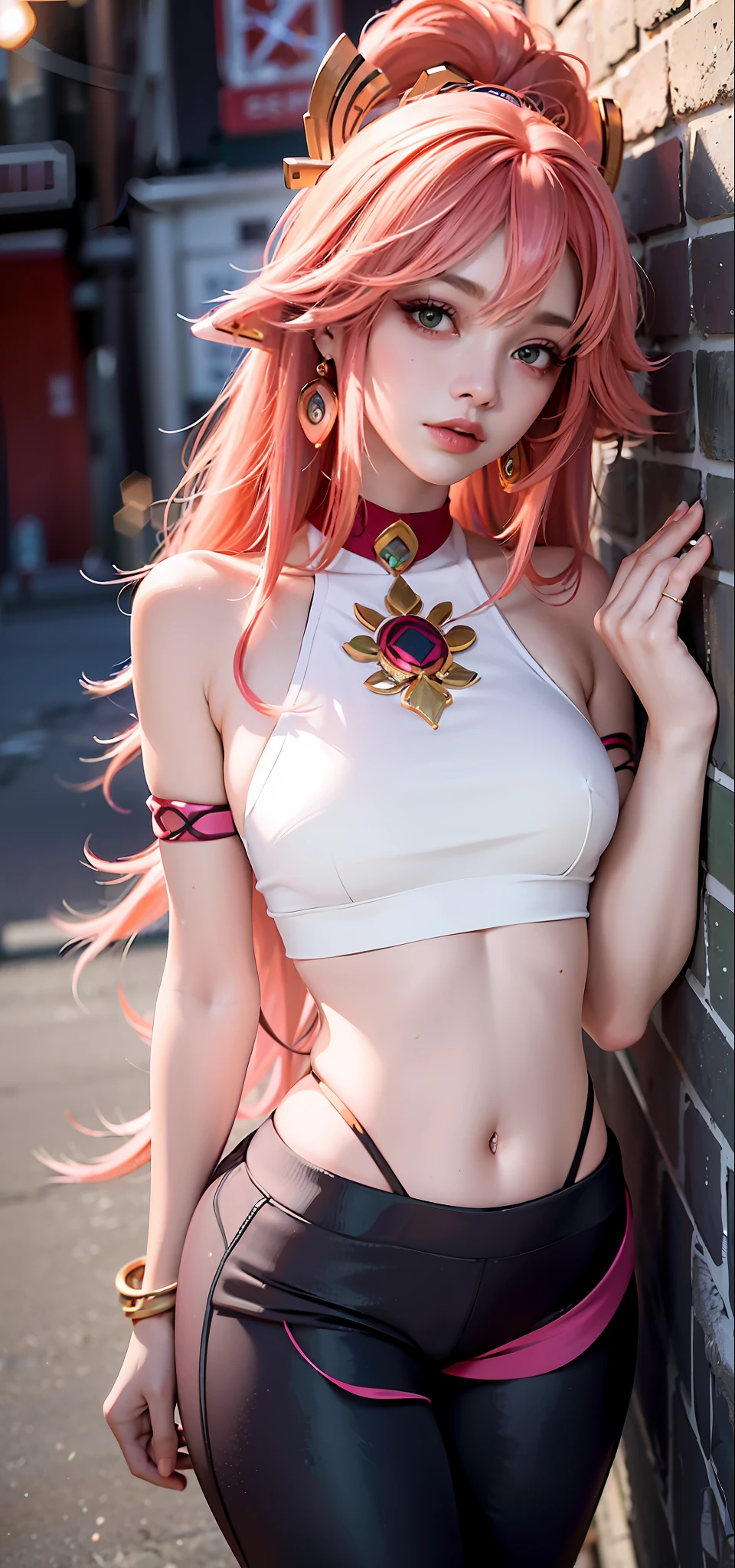 (Masterpiece, Superb Piece, 1Girl, Solo, Intricate Detail, Color Aberration), Realism, ((Medium Breath)), Off-the-Shoulder, Yae Miko, Long Pink Hair, Red Headdress, Red Highlight, Hair Above One Eye, Green Eyes, Earrings, Sharp Eyes, Perfect Symmetrical Figure, Choker, Neon Shirt, Against a Wall, Brick Wall, Graffiti, Dim Lights, Alley, Looking at the Audience, ((Mean, Seductive, Glamorous)), Yoga Pants, Shorts, Hot Pants,