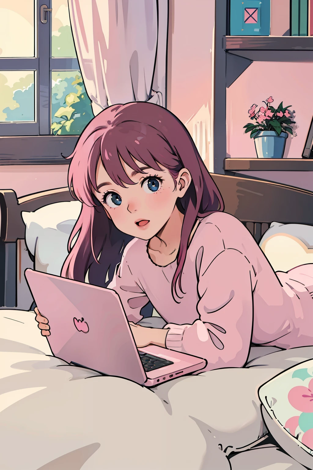 (Masterpiece: 1.4), (Best Quality: 1.4), (High Definition: 1.4), Girl, Pink Hair, Long Hair, One Girl, Lying in Bed, Laptop Open, Mobile, Houseplants, Bookcase, Lo-Fi,