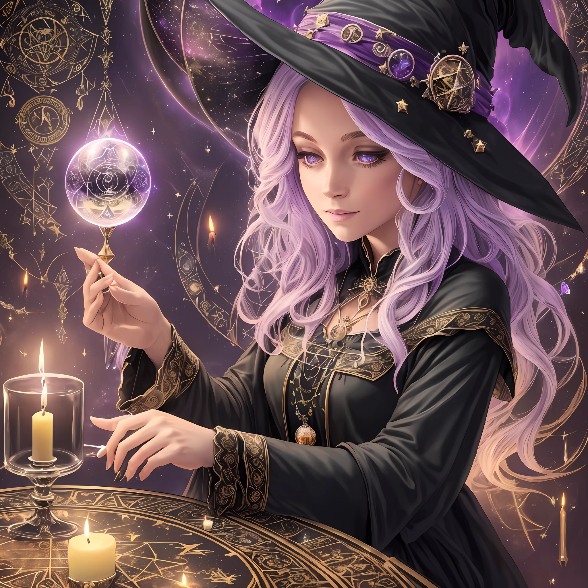 (magical, witch:1.3, candle light:1.2),(crystal ball, tarot cards:1.2), spell-casting, ethereal, otherworldly, (8k resolution, ultra-detailed:1.2), arcane magic, dark magic, mystical, magical circles.
