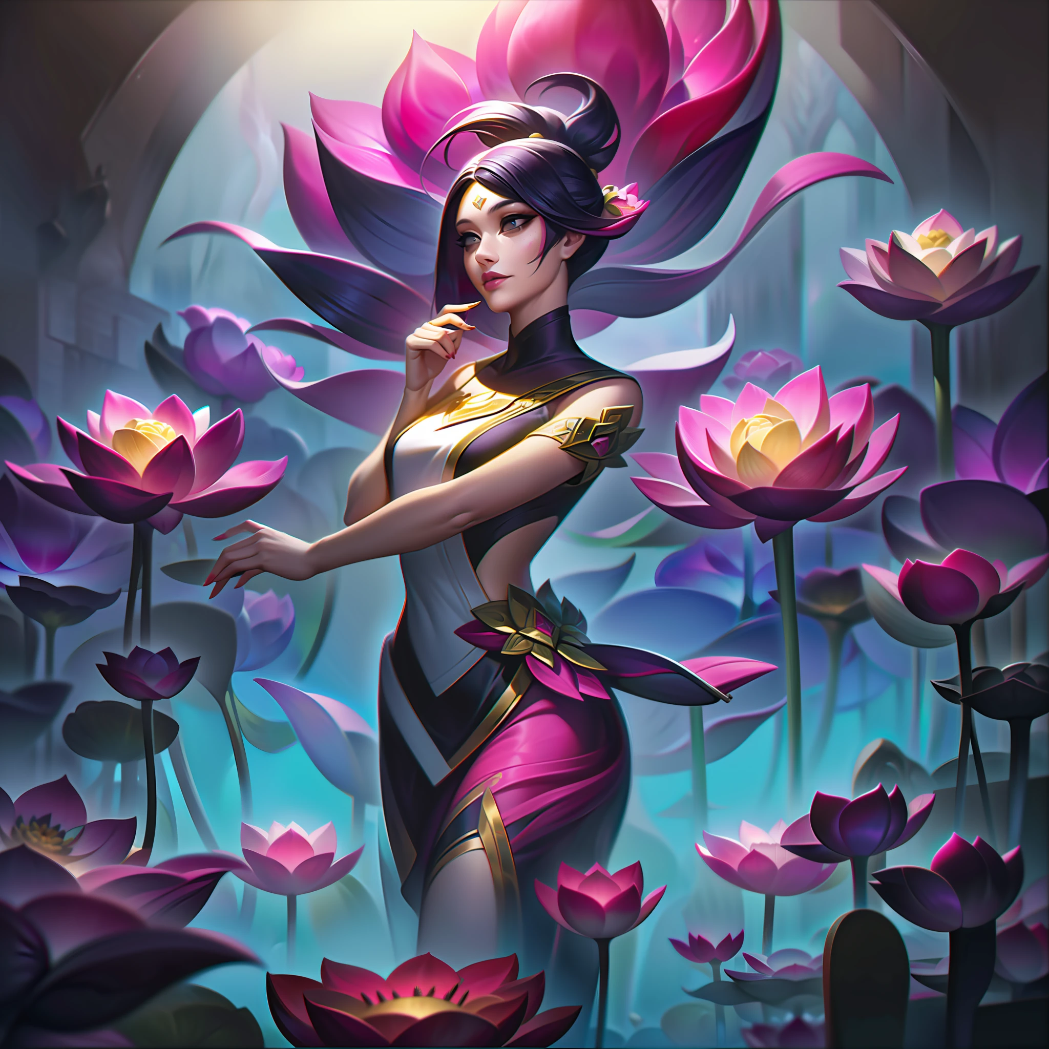 young girl + flowers + lotus + graceful + pacifism splashart, splashart, league of legends splashart, art, brushstroke, masterpiece, 8k, ultra detailed, HD