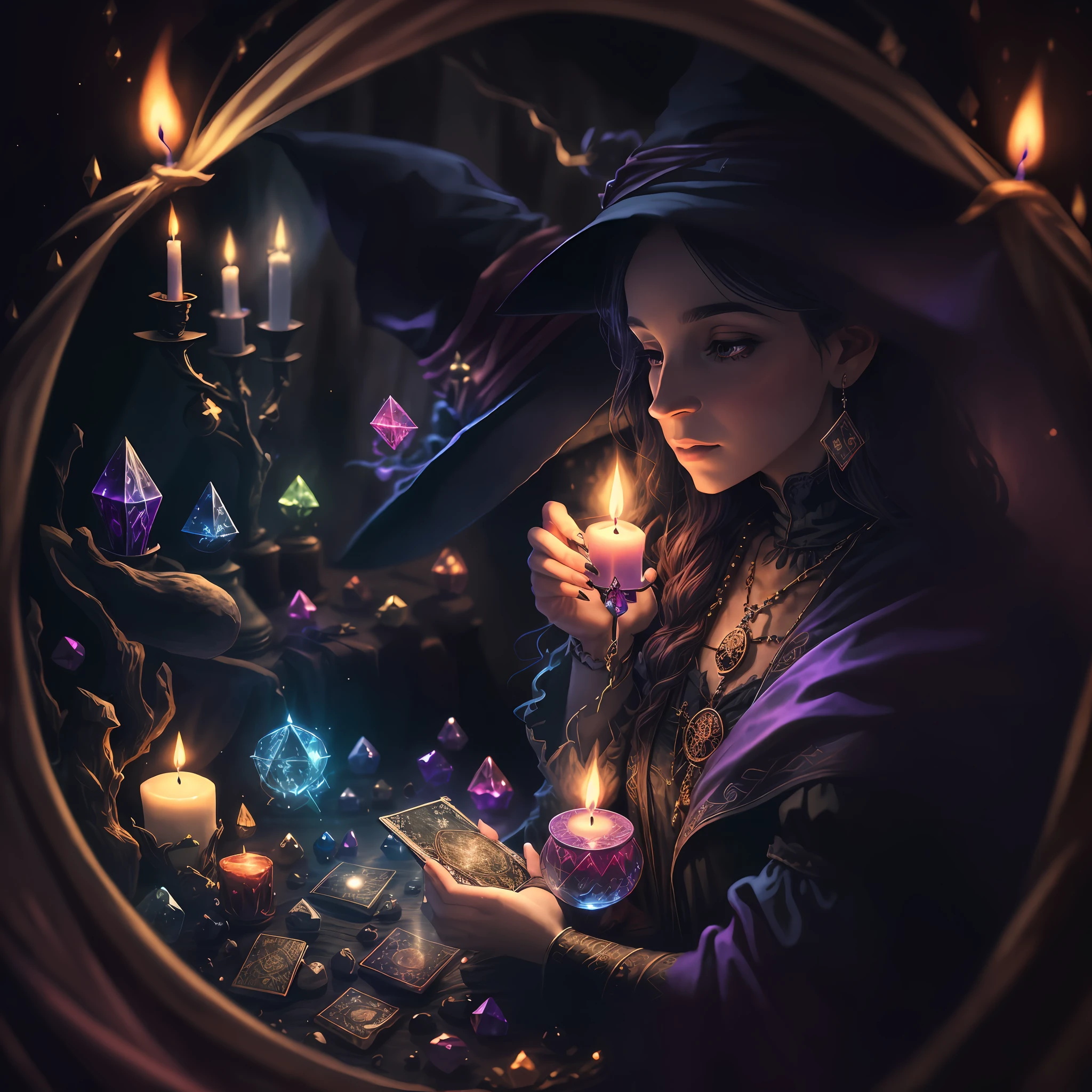 (witch making magic, magical, 8k wallpaper, ultra-detailed),(candles, tarot cards, crystals)