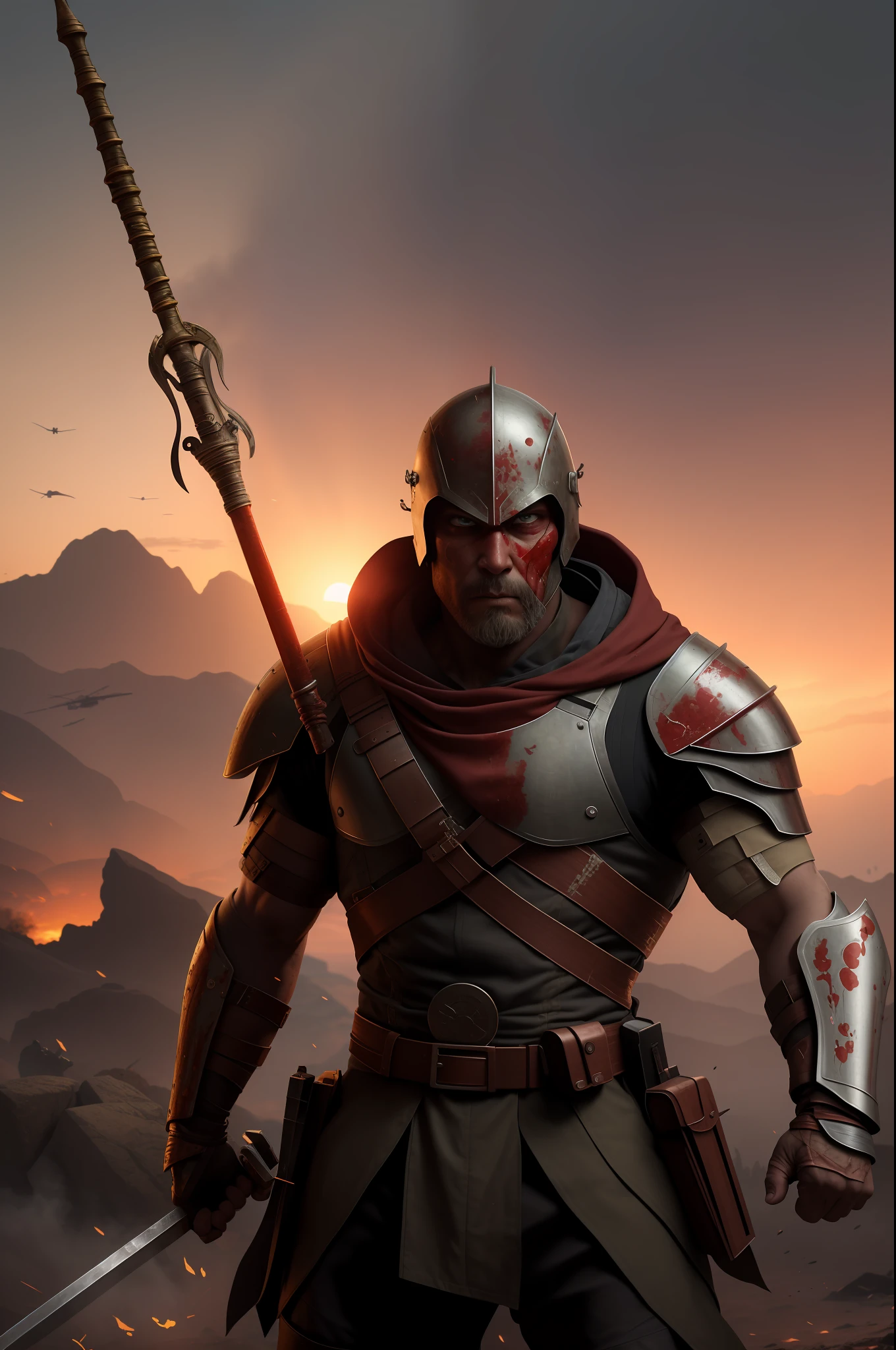 best quality, 8k uhd, dslr, soft lighting, high quality, volumetric lighting, 1man, upper body, wh_chi_armor, (bloodshot eyes), furious, fighting stance, holding spear, spear, spear, armor dress, heroic, blood on face, blood on clothes, blood flying, battlefield, red flags, smoke, sunset