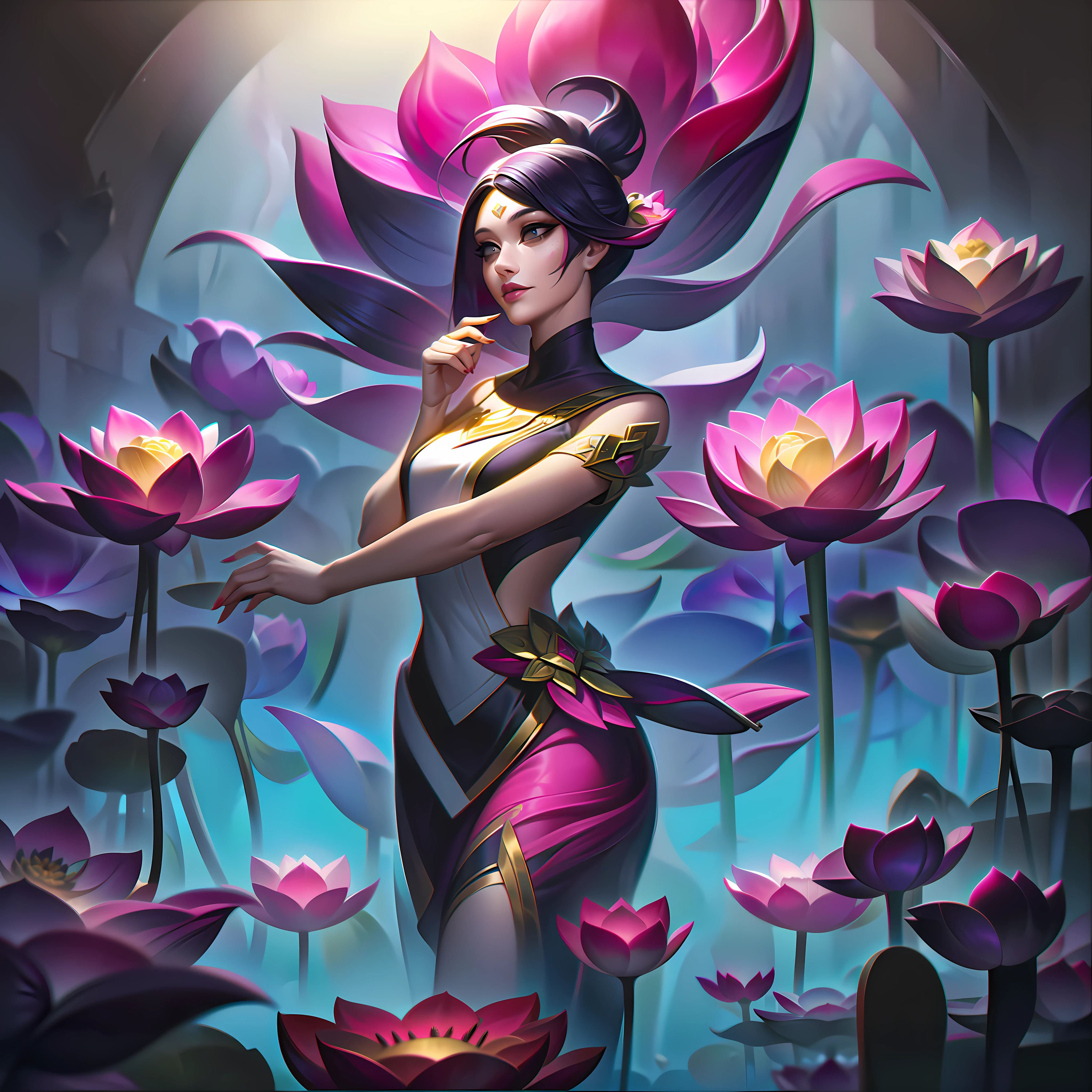 young girl + flowers + lotus + graceful + pacifism splashart, splashart, league of legends splashart, art, brushstroke, masterpiece, 8k, ultra detailed, HD