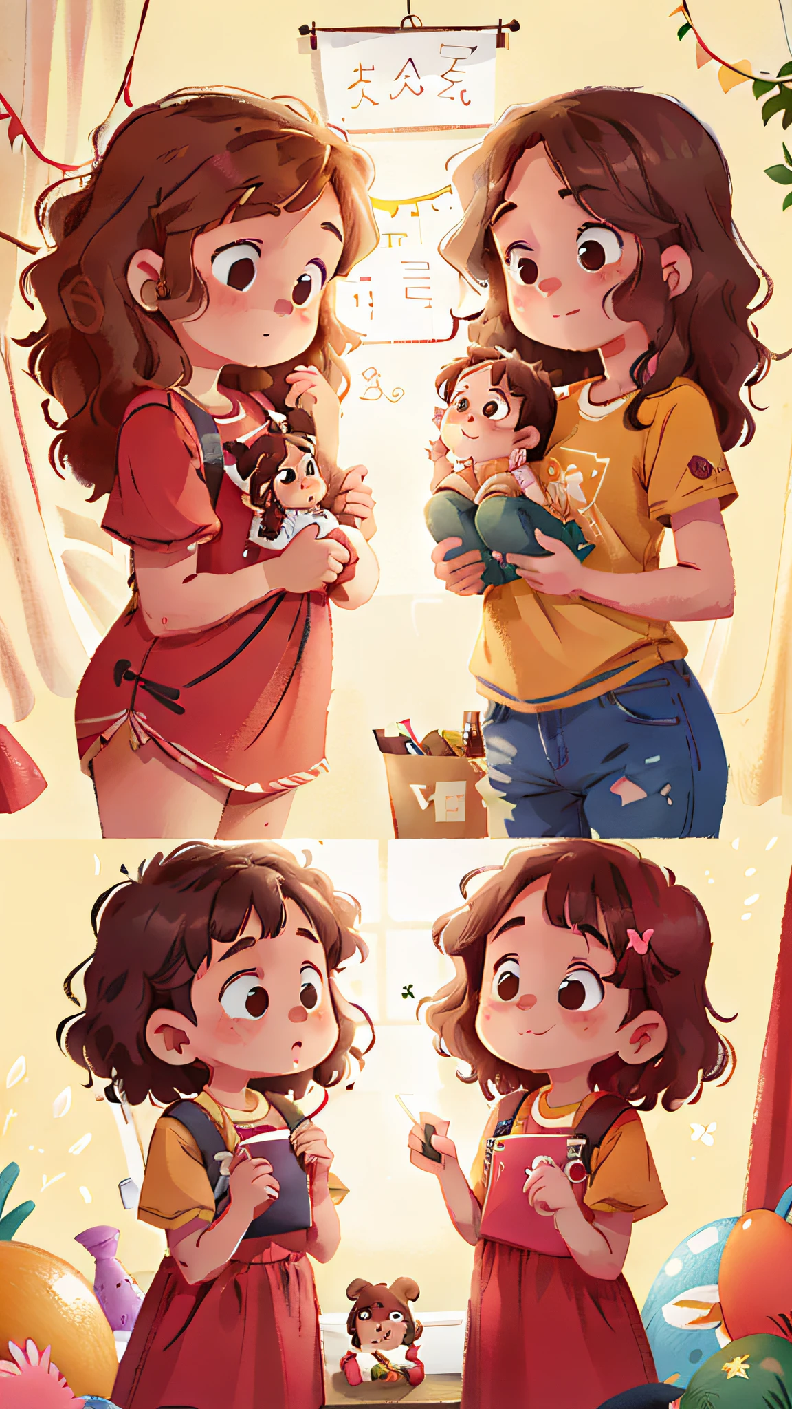 two girls, twins, curly brown hair
