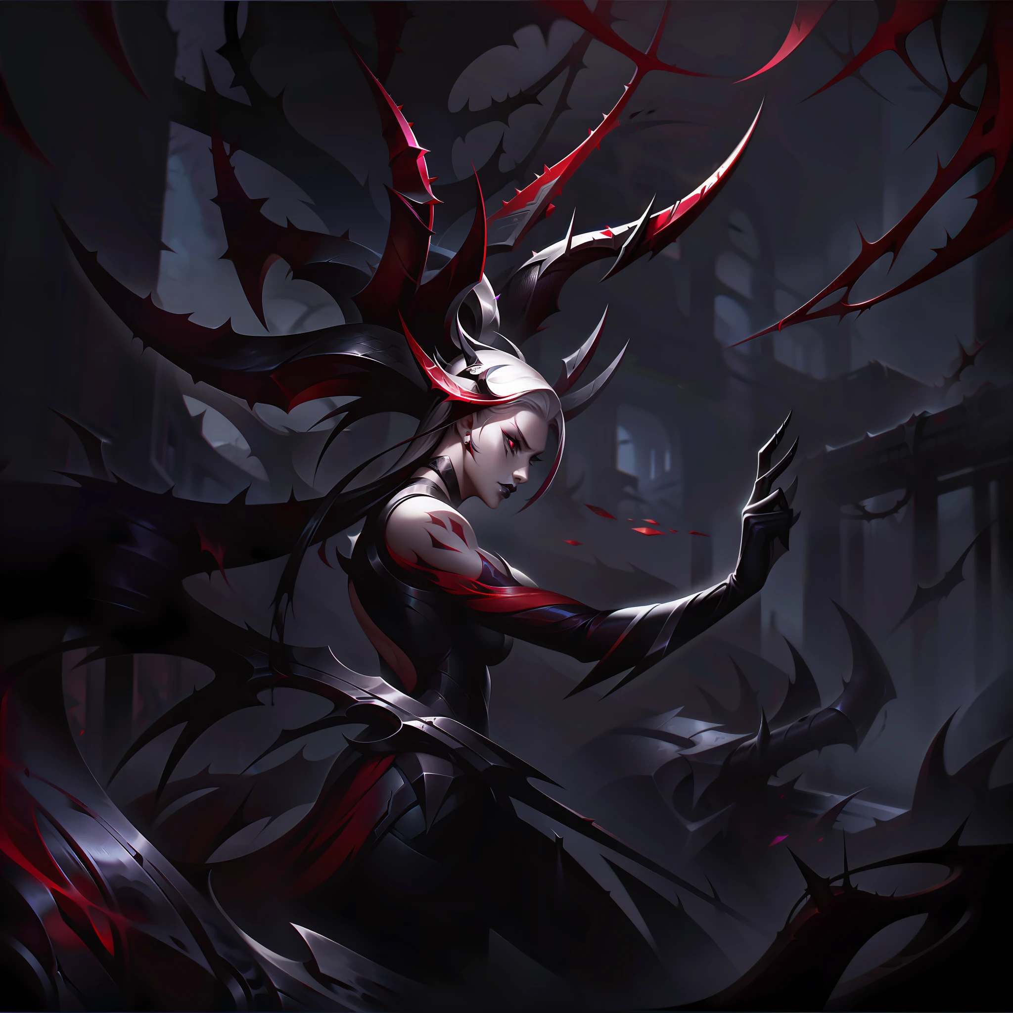 woman + thorns + metal + platinum + badass splashart, splashart, league of legends splashart, art, brushstroke, masterpiece, 8k, ultra detailed, HD