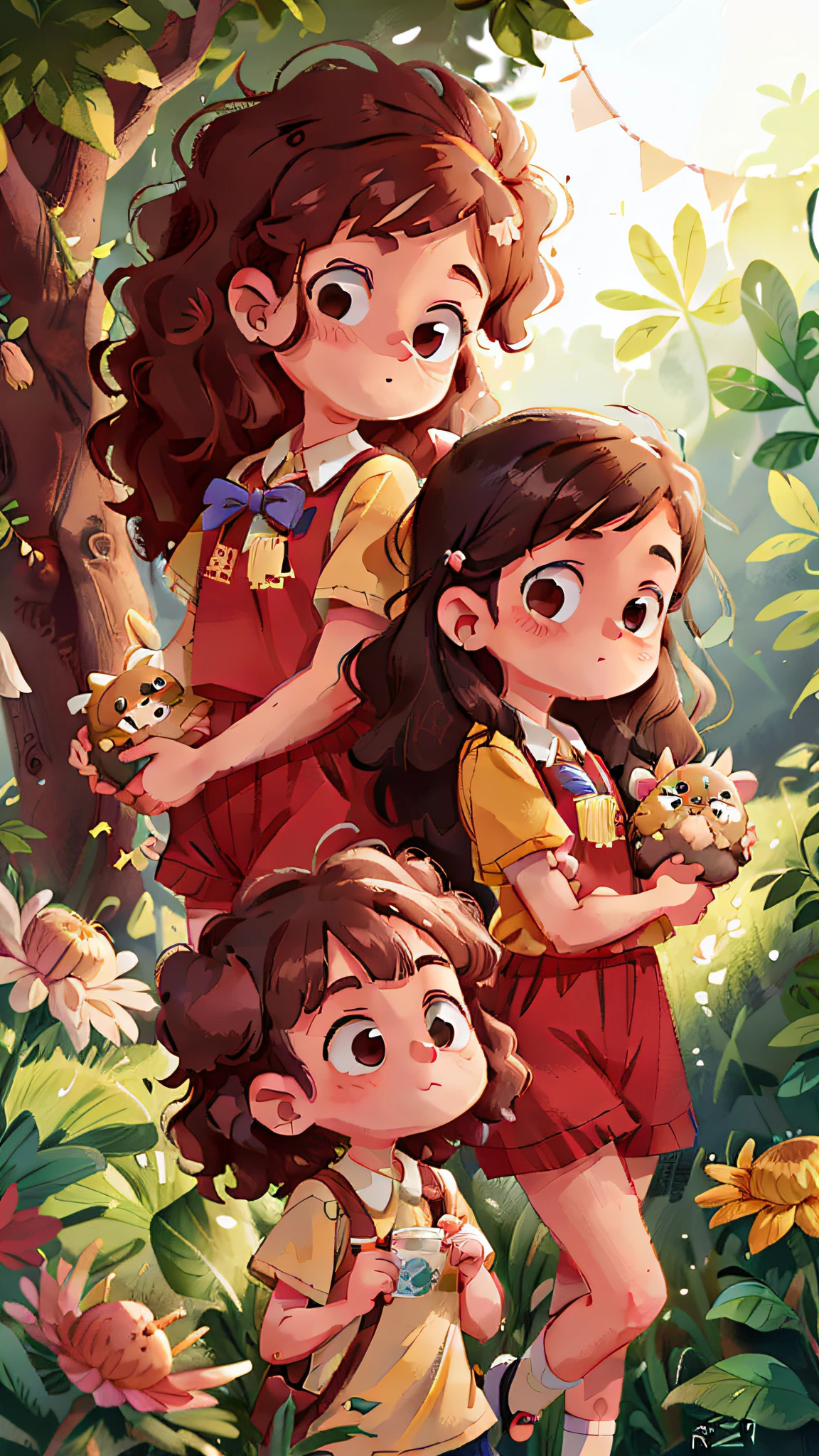 two girls, twins, curly brown hair