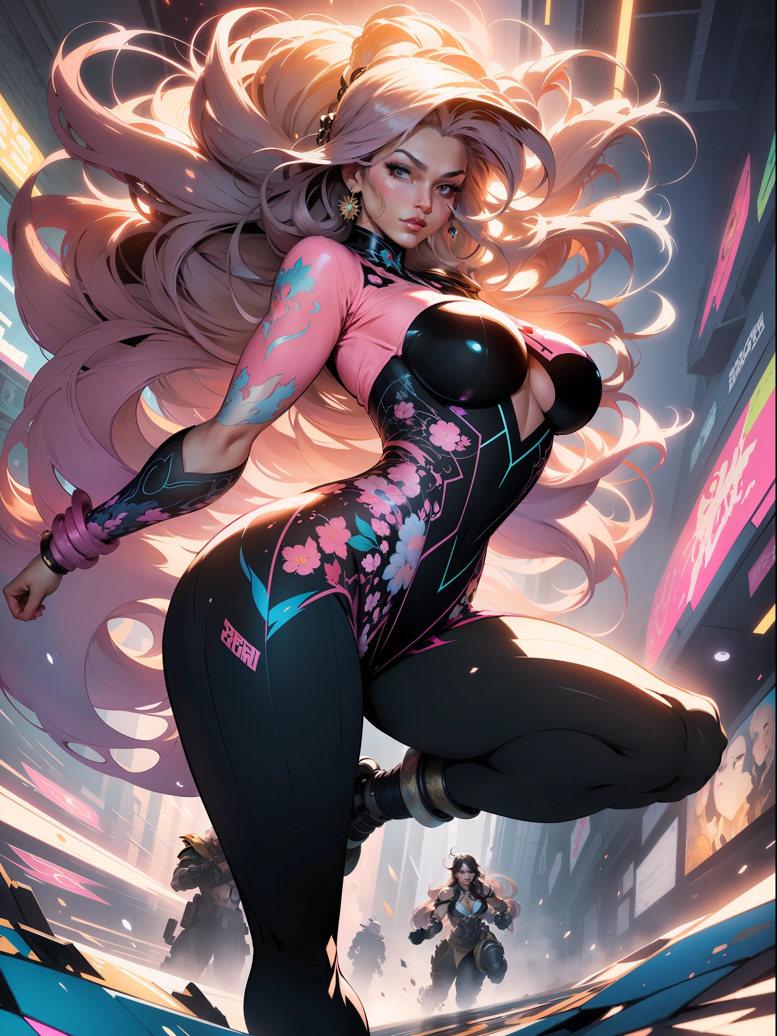 ::Kennedy and Daniel Sampere::2.0 Anime Gacha illustration style, tatoon style, comic book style, , beautiful woman with ultra detailed long hair and in various full-body attack poses, (beautiful and clear background: 1.2),futuristic costume, super detailed circular metals Clinging to arms and pants, fantastic paintings, graffiti style, flowers, highly detailed eyes, a t-shirt or dress with a pink blouse underneath,  With both fists in fighting position, and bracelets, fighting an enemy, with long black hair, stained glass color, outside, vibrant, Alphonse Mucha style, fantastic paintings by Joe Madureira, high quality, art, beautiful woman with long white hair, freedom, soul, digital illustration, comic style, perfect anatomy, centered, approaching perfection, dynamic, highly detailed, HDR colors