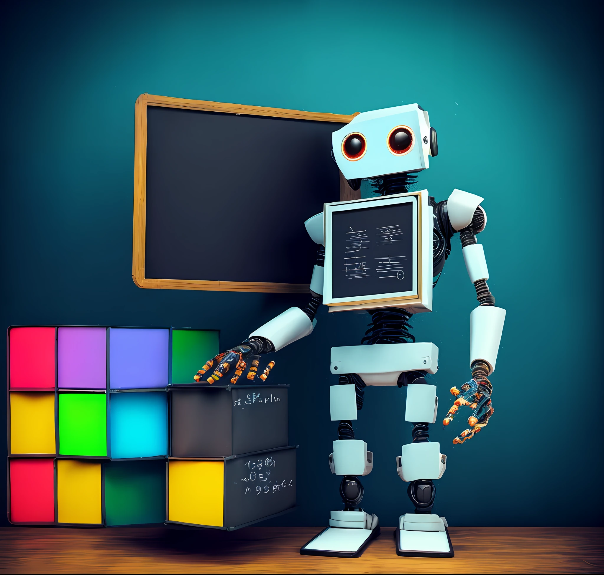 "Photo of a robot, futuristic, holding an Artificial Intelligence book. The background of the photo contains a blackboard with mathematical formulas, and a bookshelf. The tone of the image is clear, with bright colors, and cheerful atmosphere. The photo has high quality and definition, resolution at 8k."