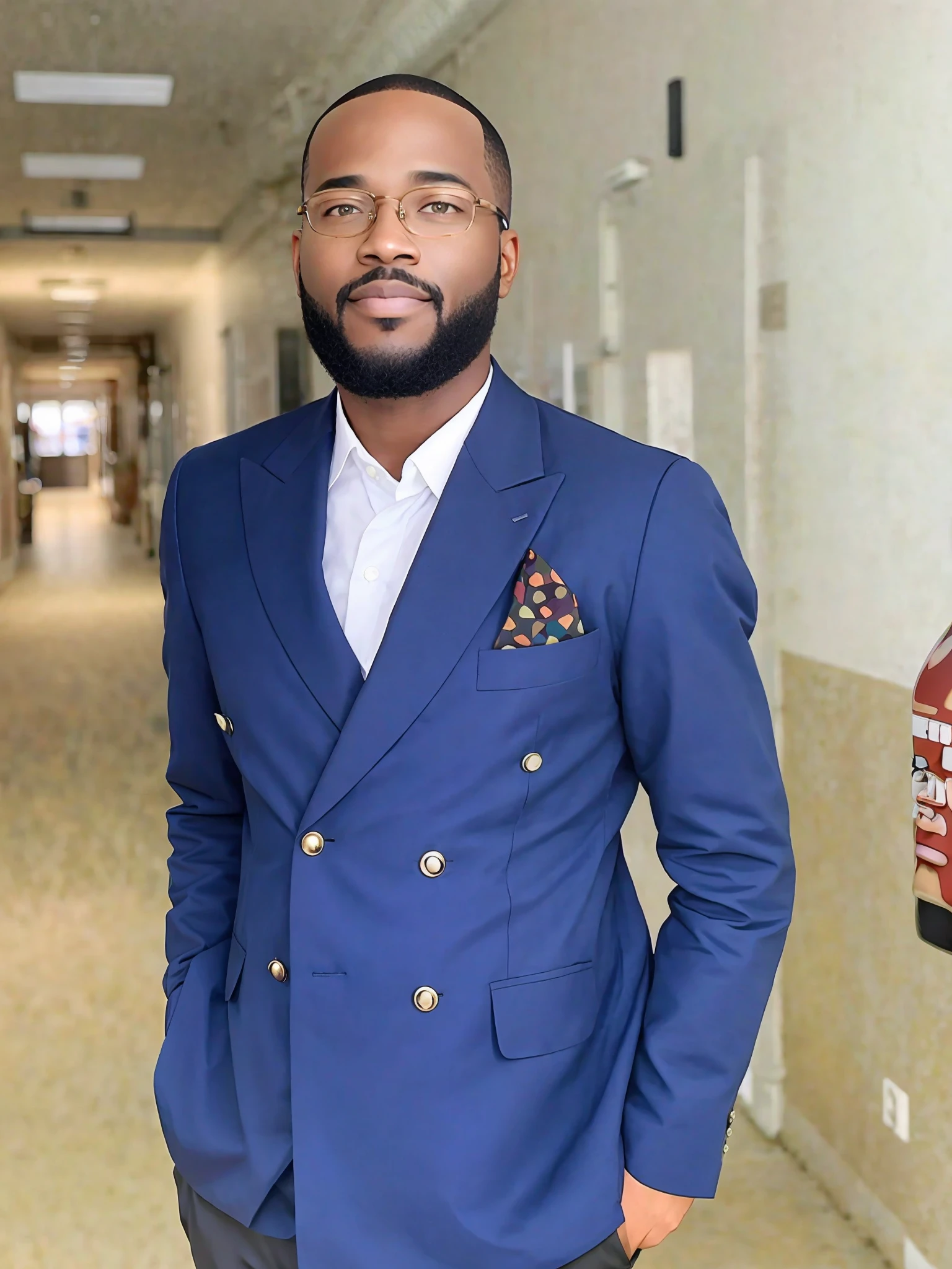 A black man, 30 years old, with a warm and welcoming appearance. He has a chubby build, with a protruding belly that denotes his love of food and perhaps a more comfortable lifestyle. Their skin is rich in dark tones and displays a smooth and healthy texture.

He sports a well-groomed beard, which contributes to his warm and friendly appearance. His beard is dense and slightly grayish, showing his age and experience.

His face is complemented by a pair of prescription glasses, which he wears frequently. The glasses have a simple, traditional frame, indicating their preference for functionality over style. They add an intellectual touch to your look and highlight your need for visual correction for better vision.

His personal style is more relaxed and practical than elegant. He values comfort and practicality in his clothes, preferring large, relaxed pieces. He can be seen wearing baggy shirts and comfortable pants, always prioritizing wellness over fashion trends, masterpiece, best quality, photorealistic, ultrarealistic, 8k resolution, octane rendering.